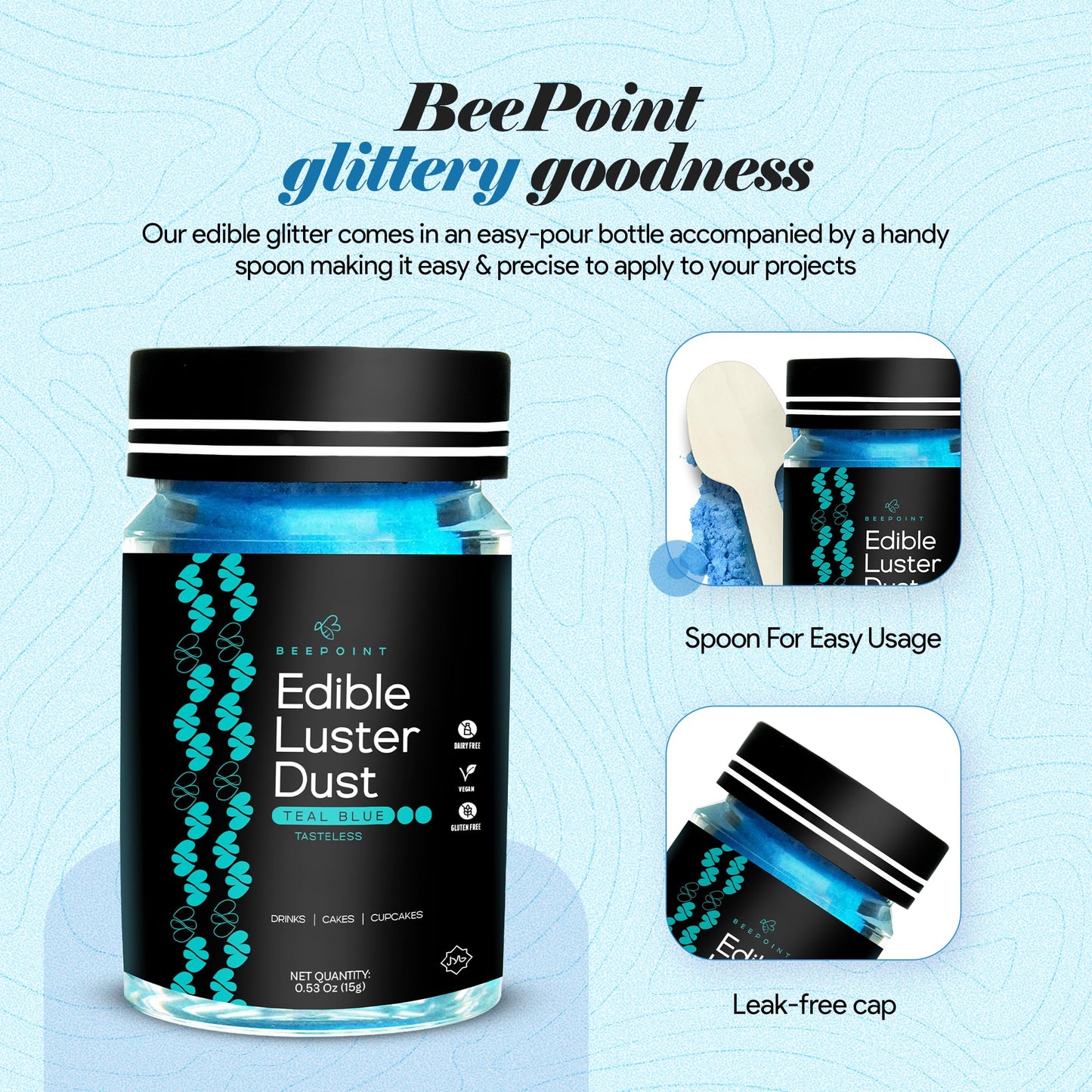 BeePoint Edible Glitter Luster Dust - Food Grade Shimmer Powder, 15g, Teal Blue, Vegan & Gluten Free for Baking, Cocktails, and Cake Decorating