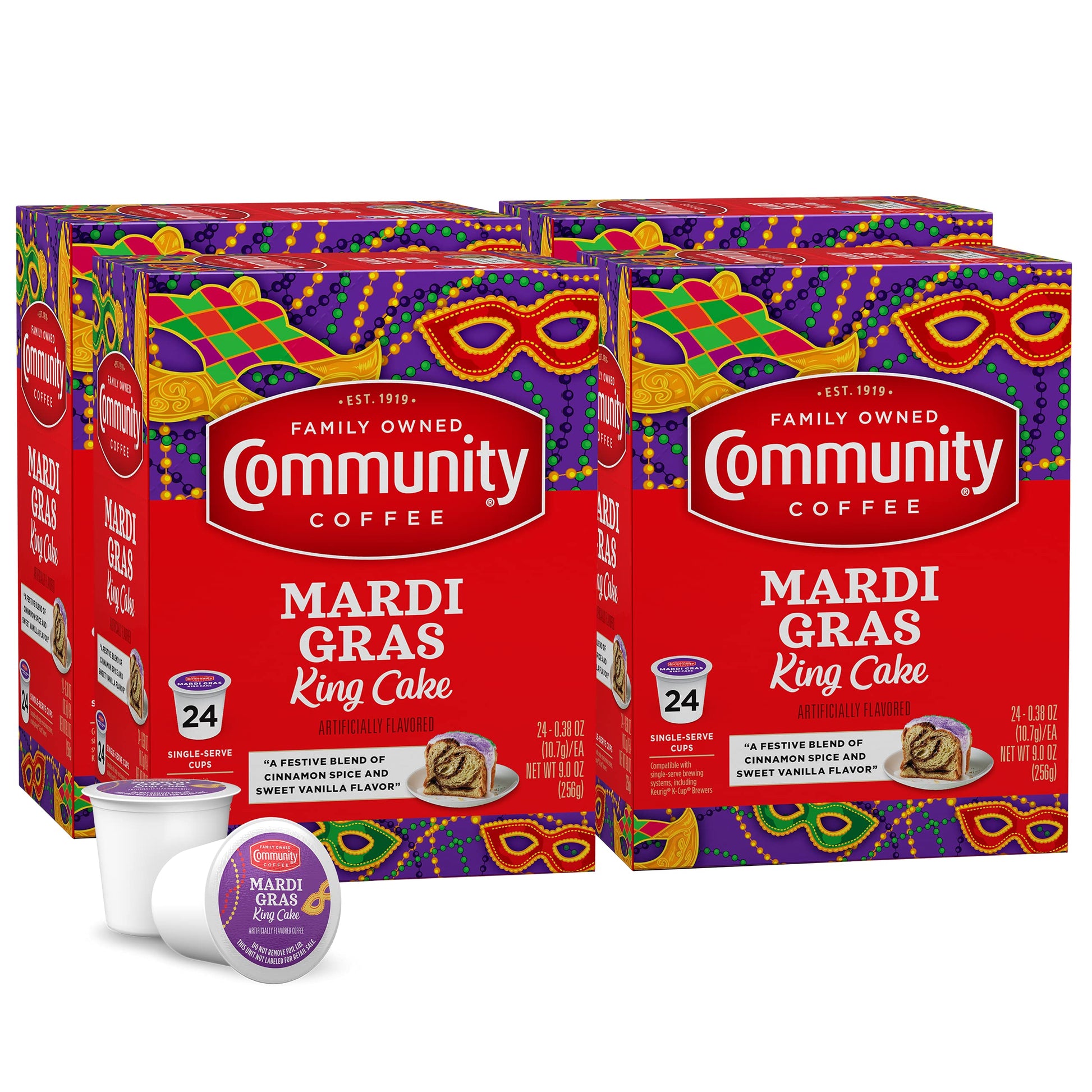 Community Coffee Mardi Gras King Cake Flavored Coffee Pods, Medium Roast, 96 Count, Compatible with Keurig 2.0, 24 Count (Pack of 4)