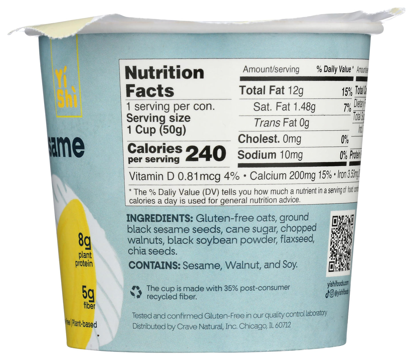 Yishi - Oatmeal Cup Toasted Black Sesame - Case Of 6 - 1.76 Ounces