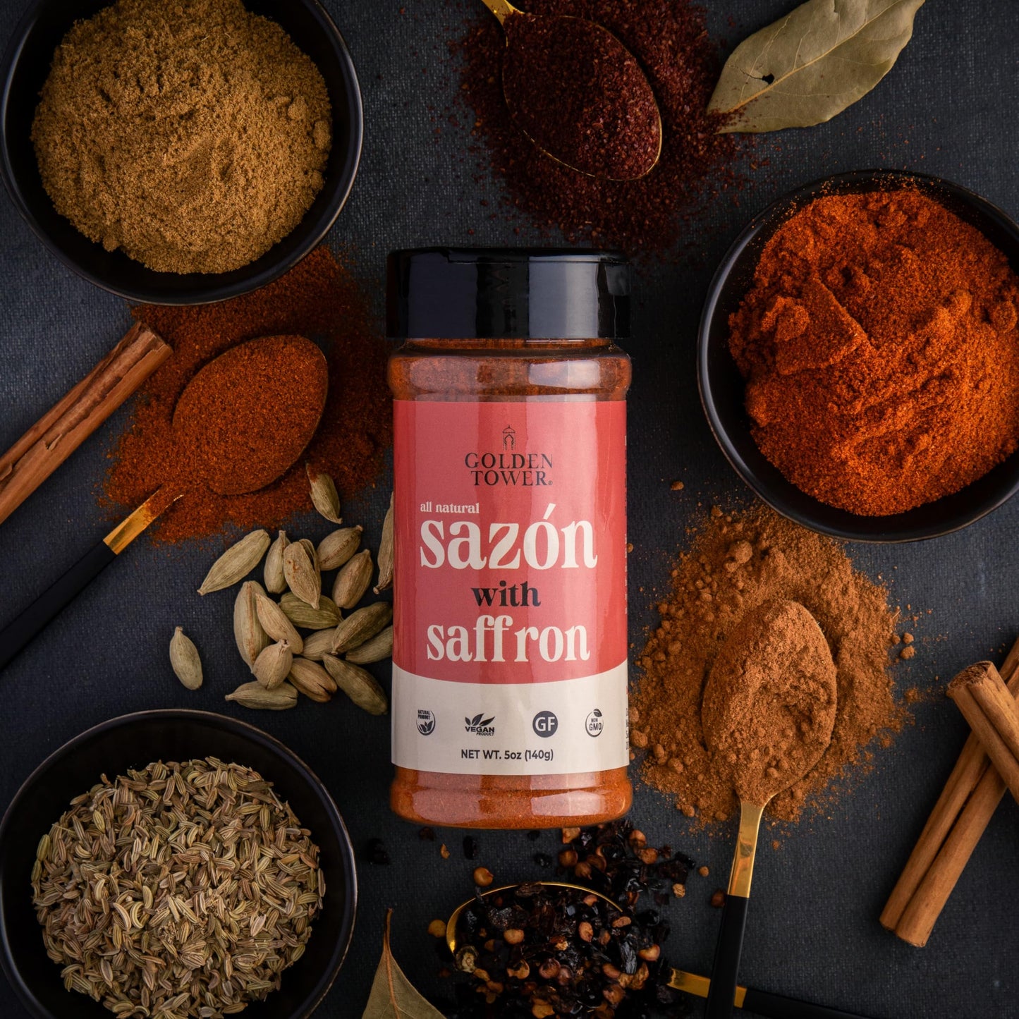 Golden Tower Sazon With Saffron - Saz  N Seasoning, All Natural Ingredients, Non-Gmo, No-Msg, Gluten Free, Vegan, 5Oz Pack