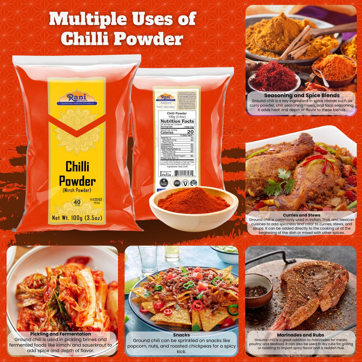 Rani Chilli Powder (Mirchi) Ground Indian Spice 3.5Oz (100G) ~ All Natural | Salt-Free | Vegan | No Colors | Gluten Friendly | N