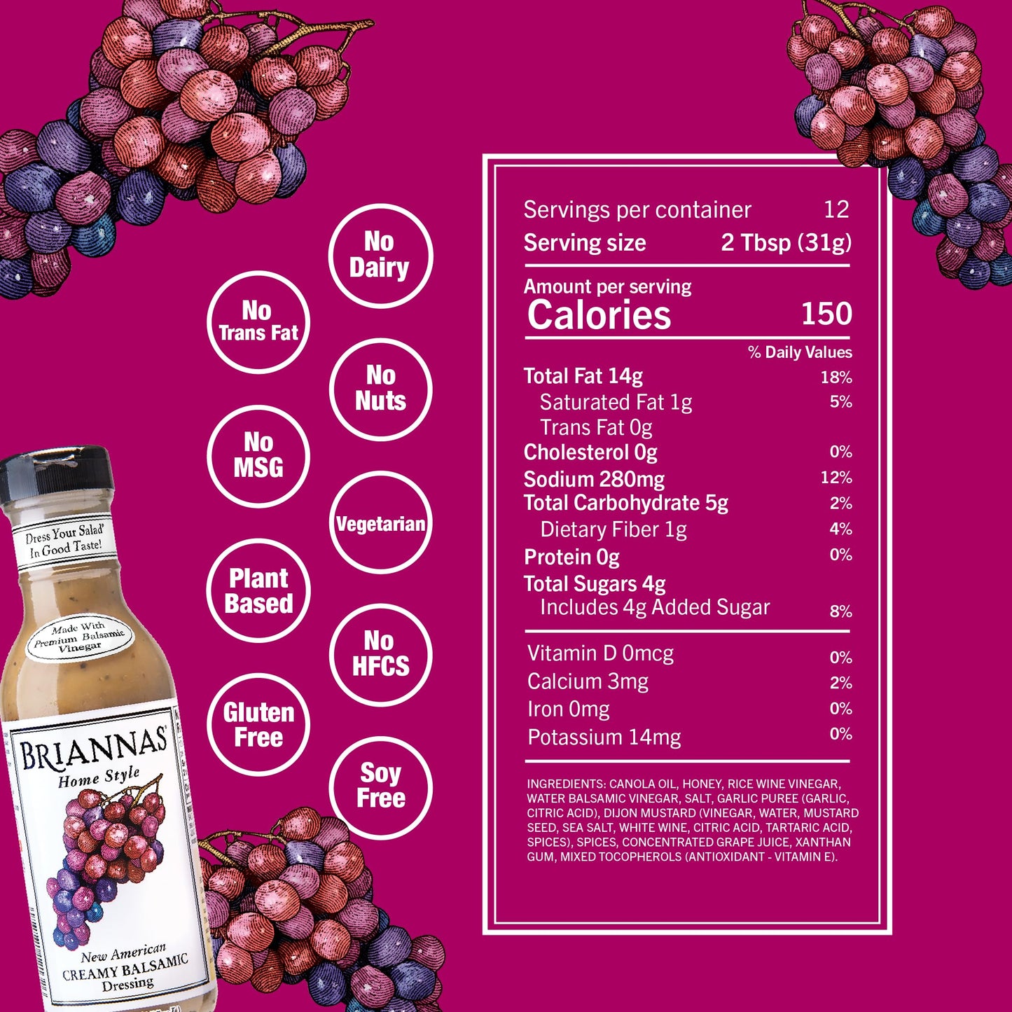 BRIANNAS Creamy Balsamic Dressing - Gluten Free - 12 oz Bottle