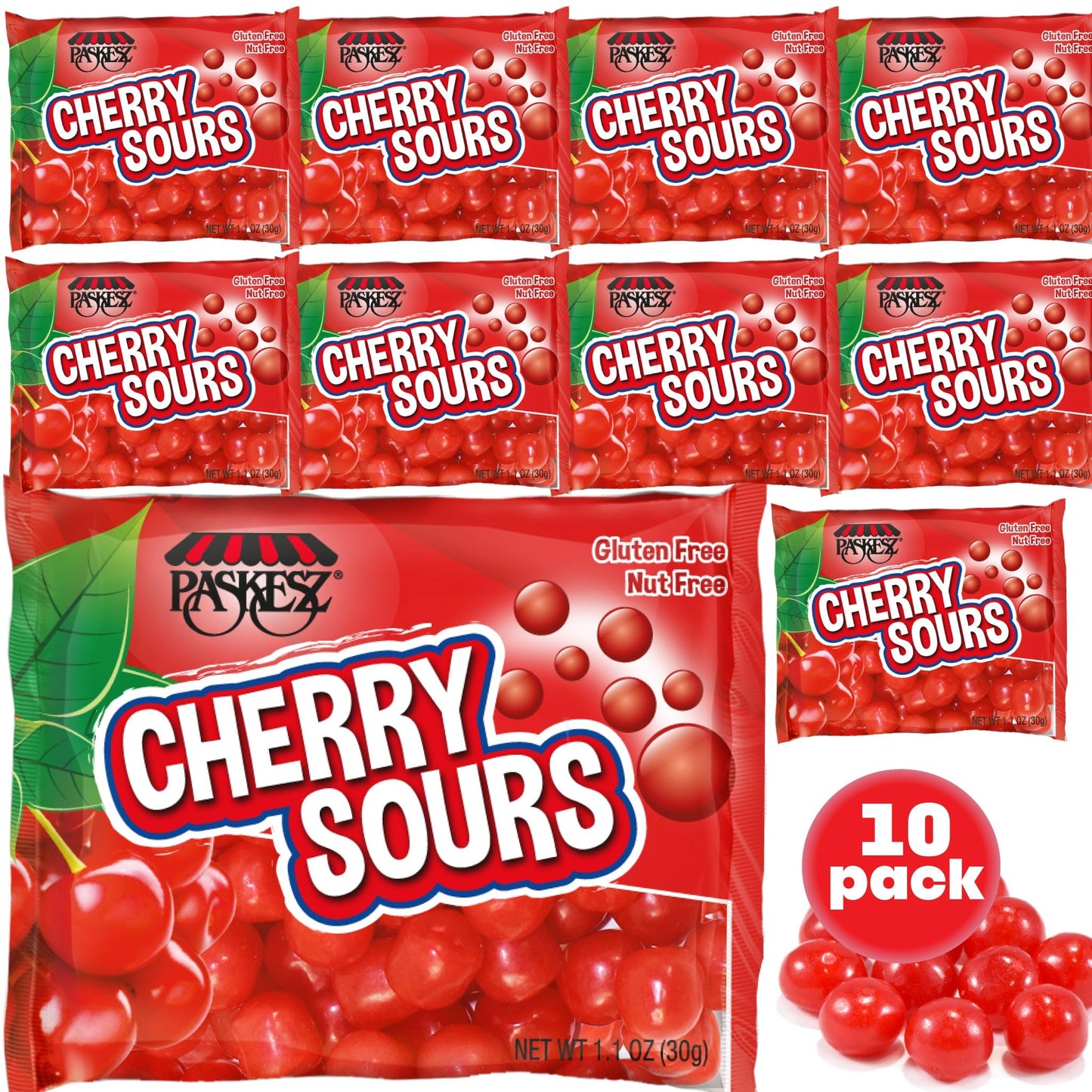 DOUzzle Easter Sweet Treats, Cherry Sours Red Candy Balls, Original Chewy Candies, Mini Packs (10 Count) Individually Wrapped, P