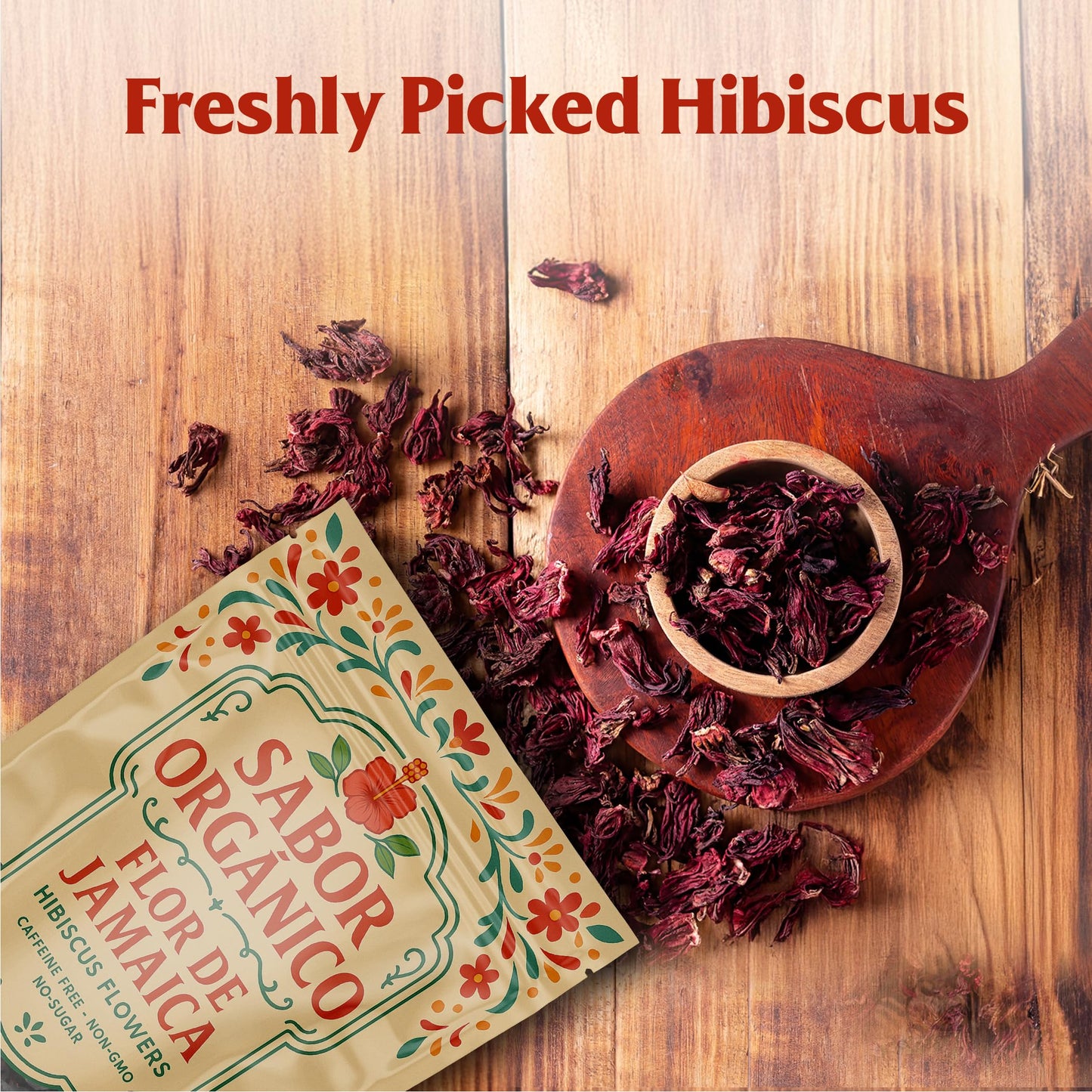 Sabor Orgánico Dried Hibiscus Flowers for Tea | Non-GMO, Resealable Pouch | 1lb (16oz)