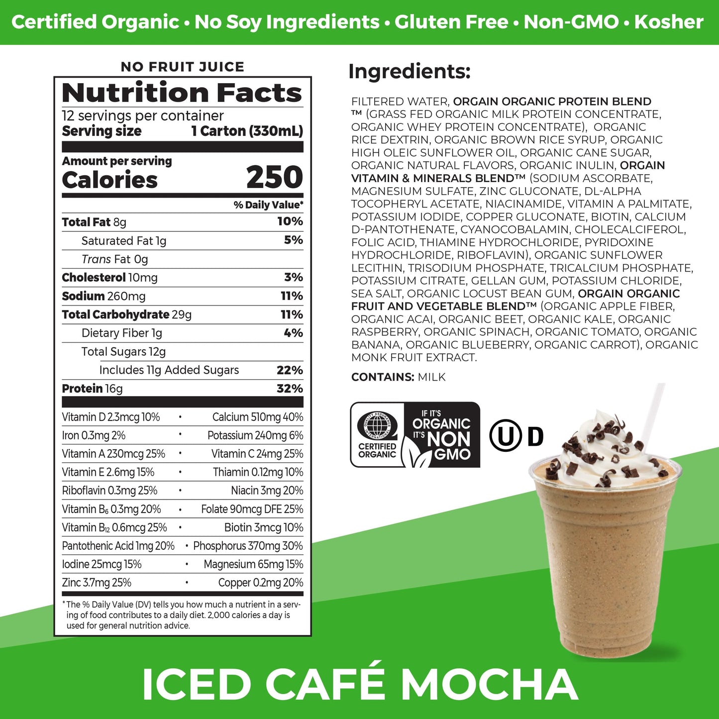 Orgain Organic Nutritional Protein Shake - 16g Grass Fed Whey Protein, 20 Vitamins & Minerals, 11 Fl Oz (Pack of 12), Iced Café Mocha