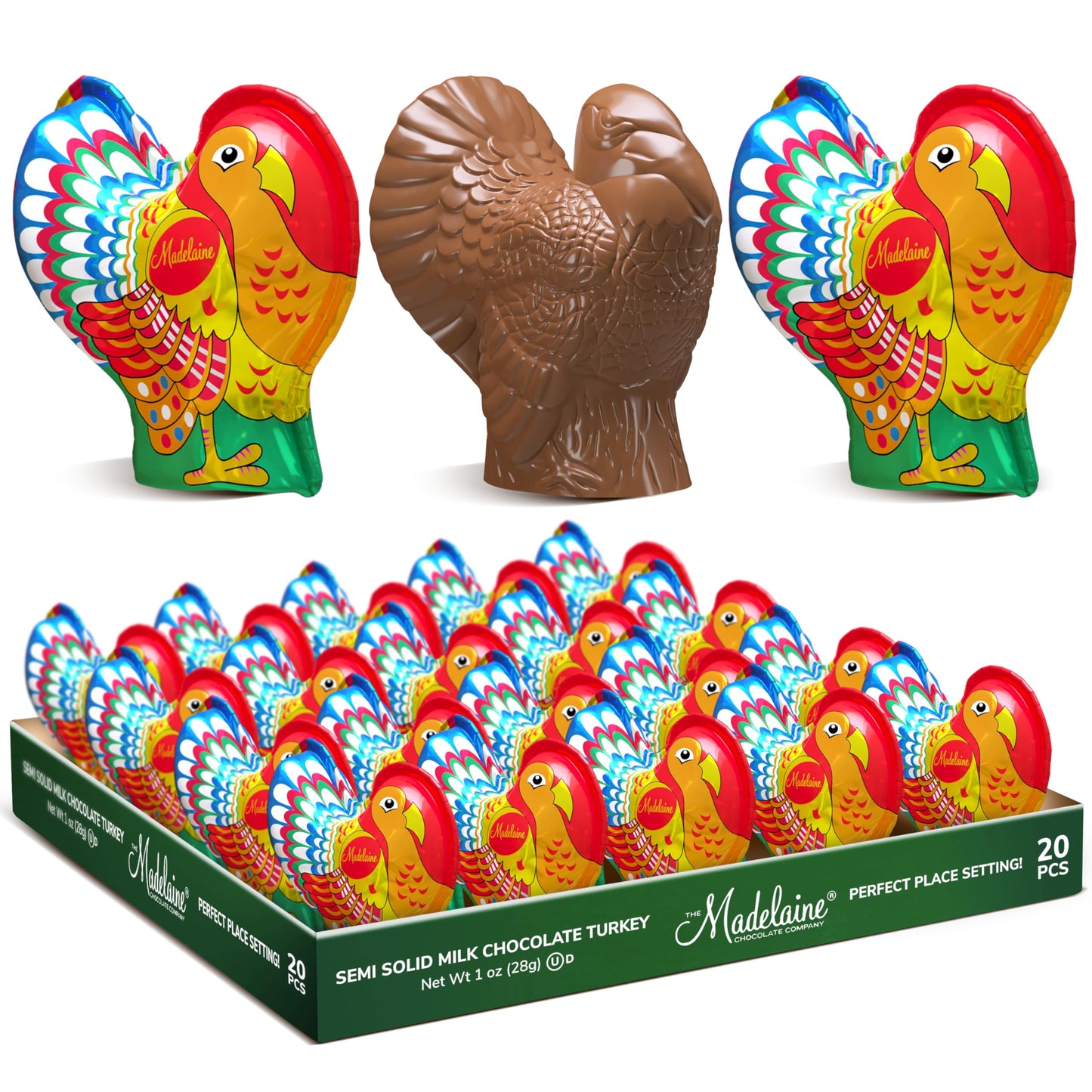 Madelaine Milk Chocolate Turkey Candy - 1 oz Foil-Wrapped Thanksgiving Chocolates - Fun Fall Holiday  & D?cor - 20 Pack Individually Wrapped Turkeys