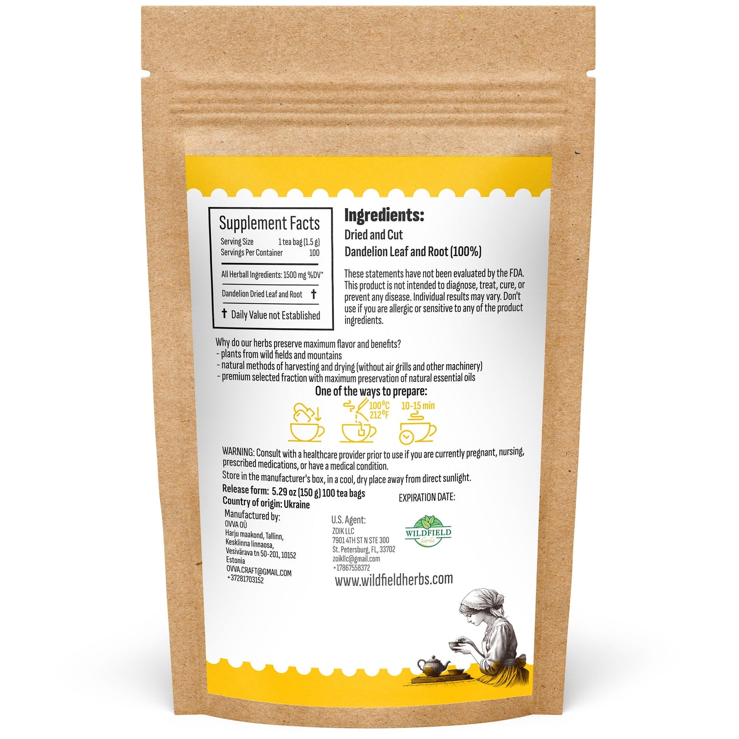 100 Bags Dandelion Leaf And Root Tea Dandelion Tea Herbal (Taraxacum) - 100 Count 1.5G Tea Bags Dried Dandelion Root Tea Herbhoj