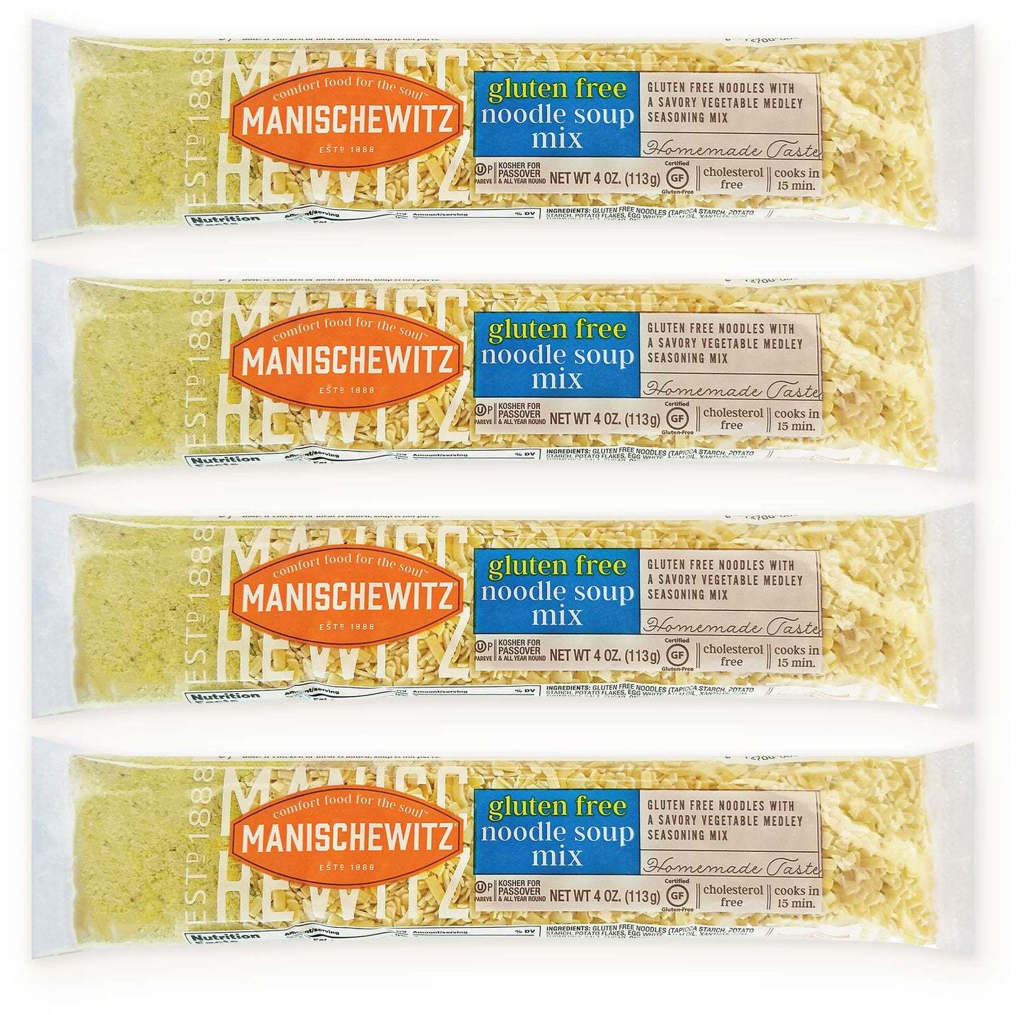 Manischewitz Gluten Free Noodle Soup Mix (4 Pack) With Savory Home Style Vegetable Medley Seasoning,Cello Soup | Grain Free| Kosher For Passover | Ready In 15 Min.