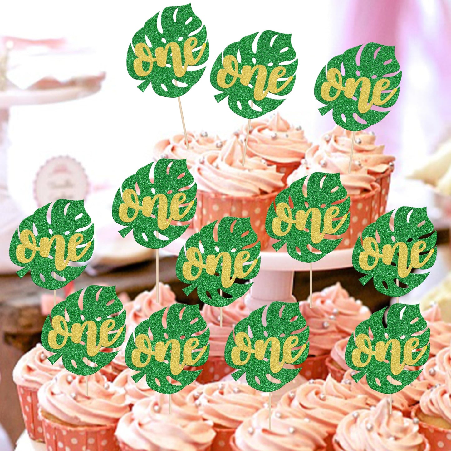 ZHUOWEISM 24 PCS Cupcake Toppers Glitter Monstera Leaf Party Decorations, Small, Multi-Color, Paper