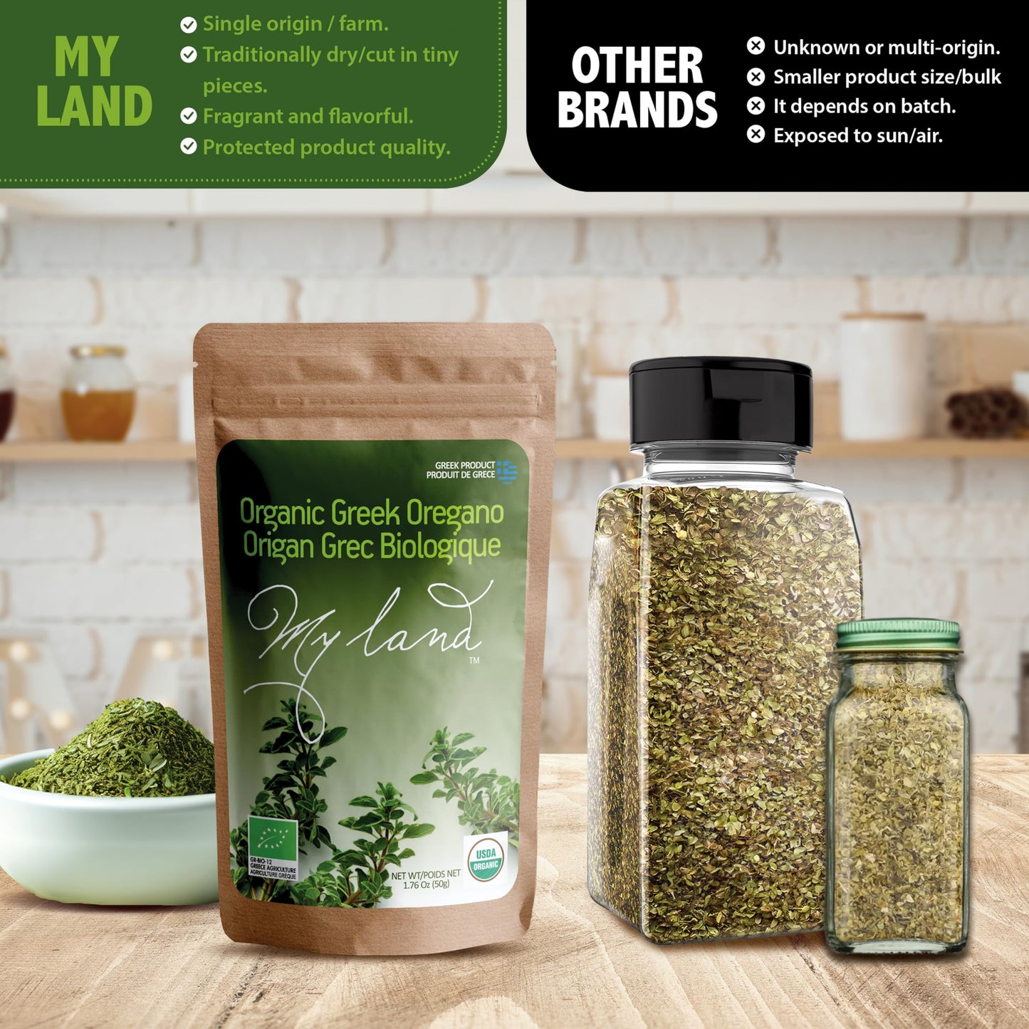 My Land Organic Greek Oregano from Mount Olympus, Greece - Perfect for Seasoning or Tea - Dried, Handpicked, Tiny Cut Oregano Le
