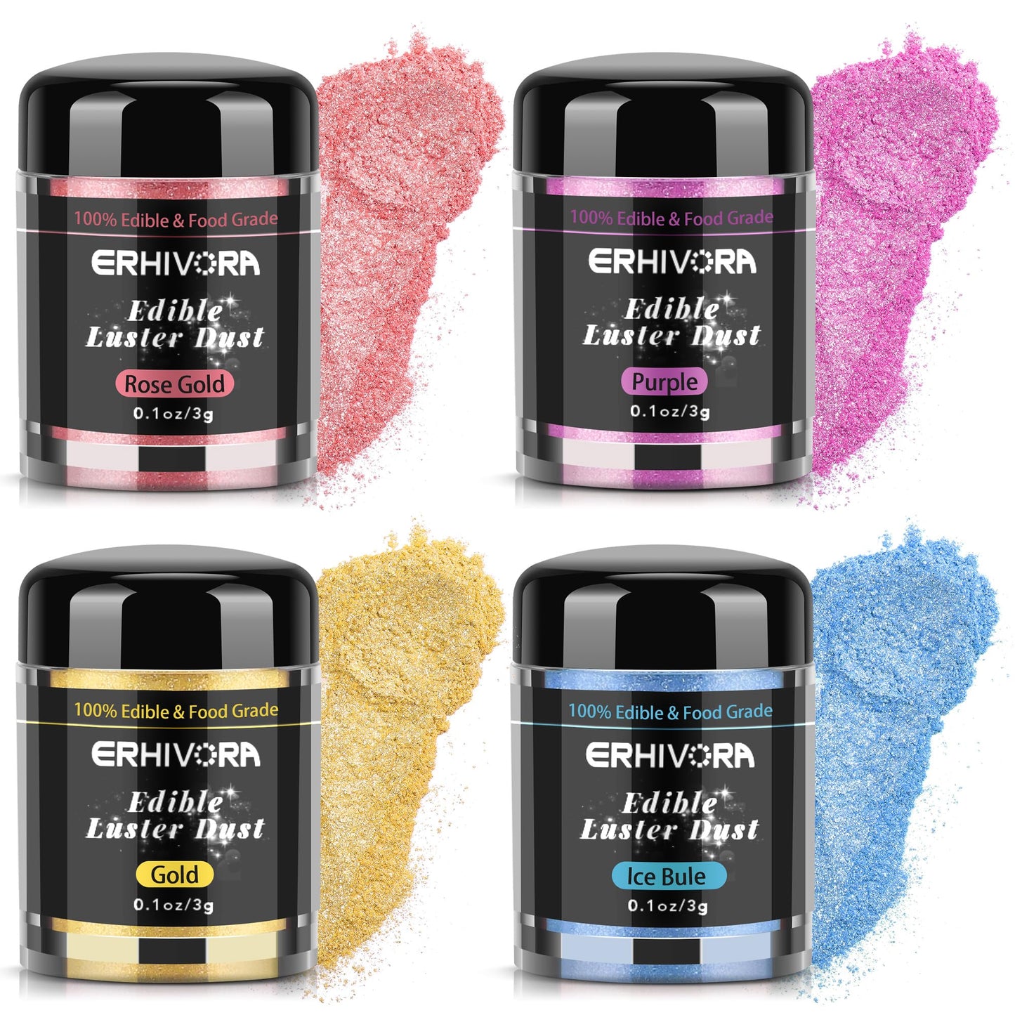 ERHIVORA Edible Glitter for Cakes & Drinks, 3g, 4 Colors: Rose Gold, Gold, Blue, Purple