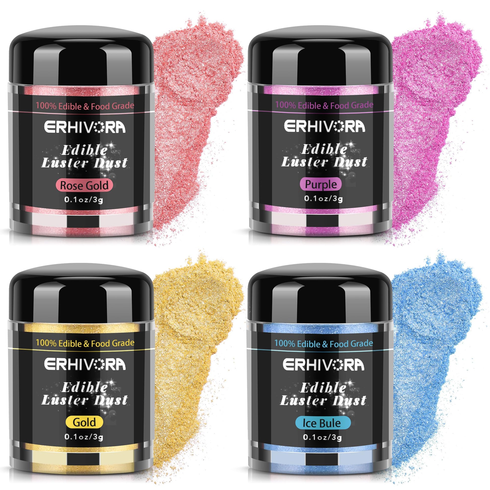 ERHIVORA Edible Glitter for Cakes & Drinks, 3g, 4 Colors: Rose Gold, Gold, Blue, Purple