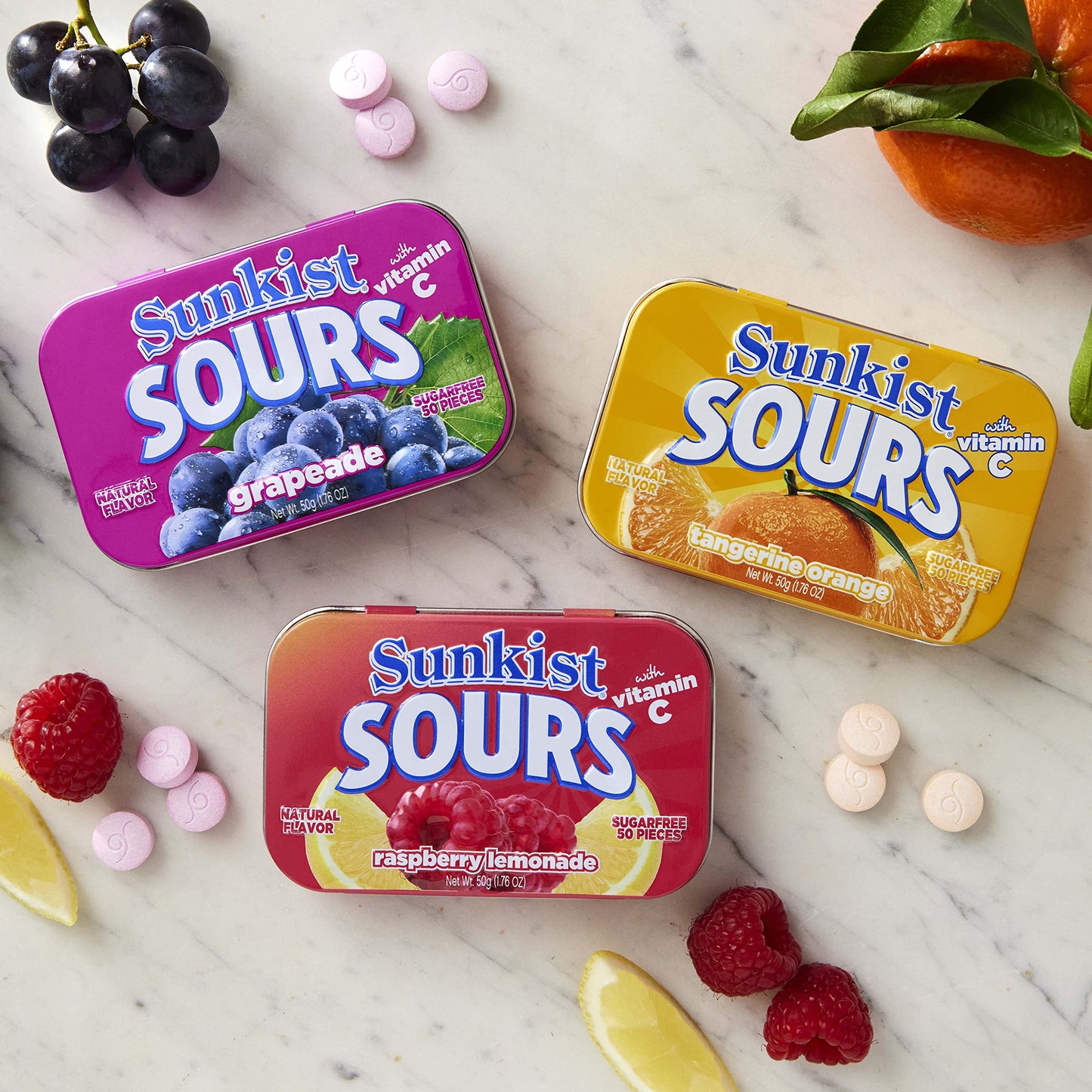 Sunkist Sours Raspberry Lemonade Vitamin C Sugar Free Sour Candy 1.76 Ounce Tin - 6 Count Tray