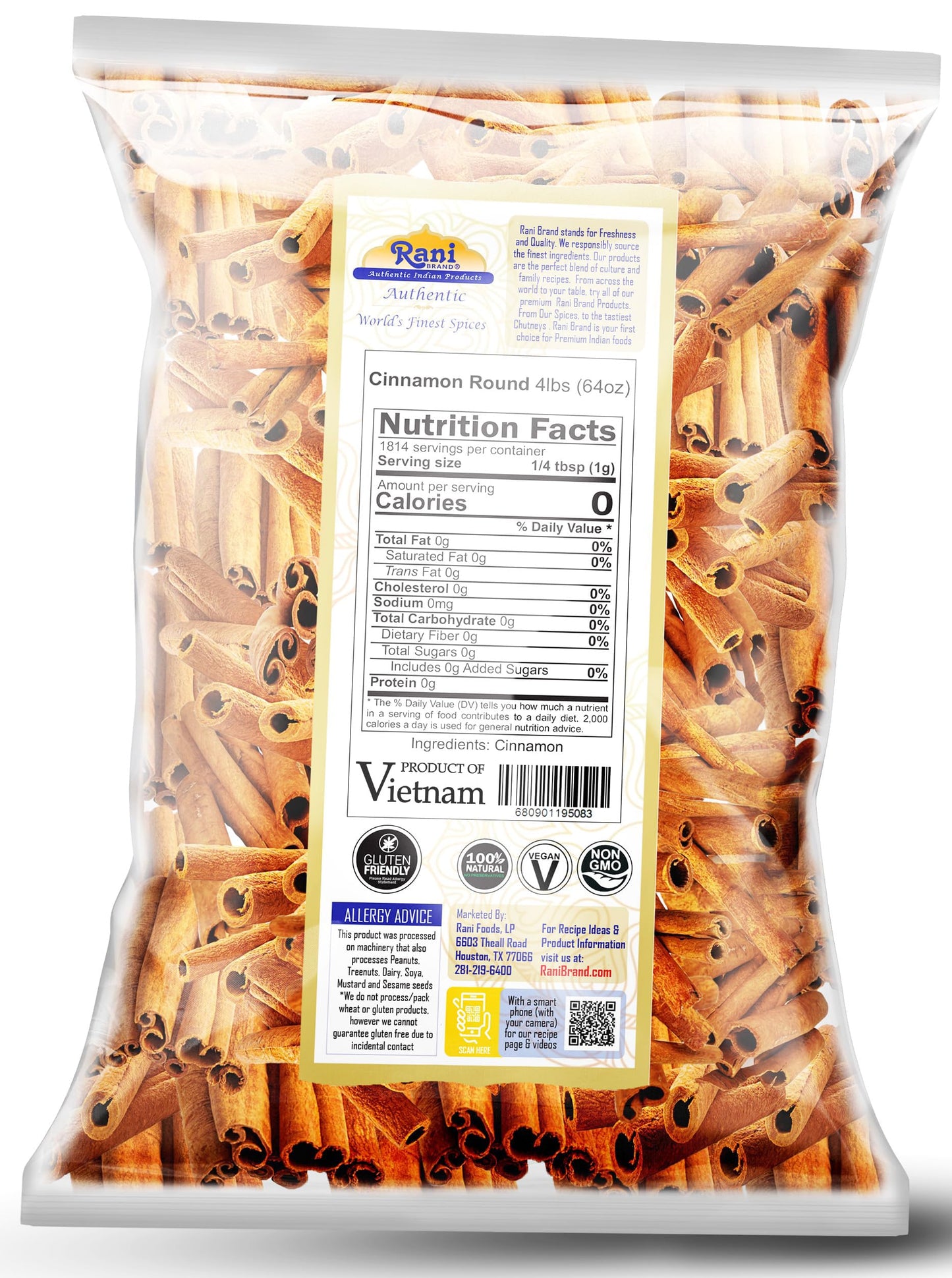 Rani Cinnamon Sticks 64Oz (4Lbs) 1.81Kg Bulk Bag - 350-400 Sticks - Strong Aroma, Perfect For Baking, Cooking & Beverages | 3+ Inches Length - Cassia Saigon Cinnamon From Vietnam | Kosher