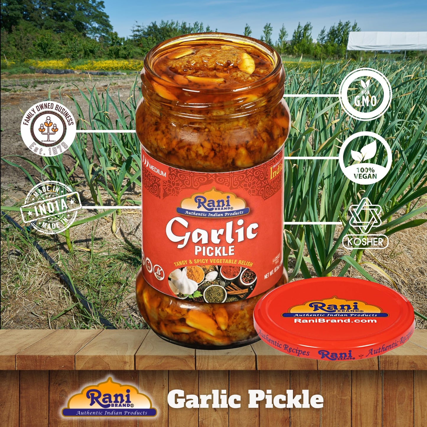 Rani Garlic Pickle, Spicy Indian Relish, Vegan, Gluten Free, 10.5oz (300g) Glass Jar