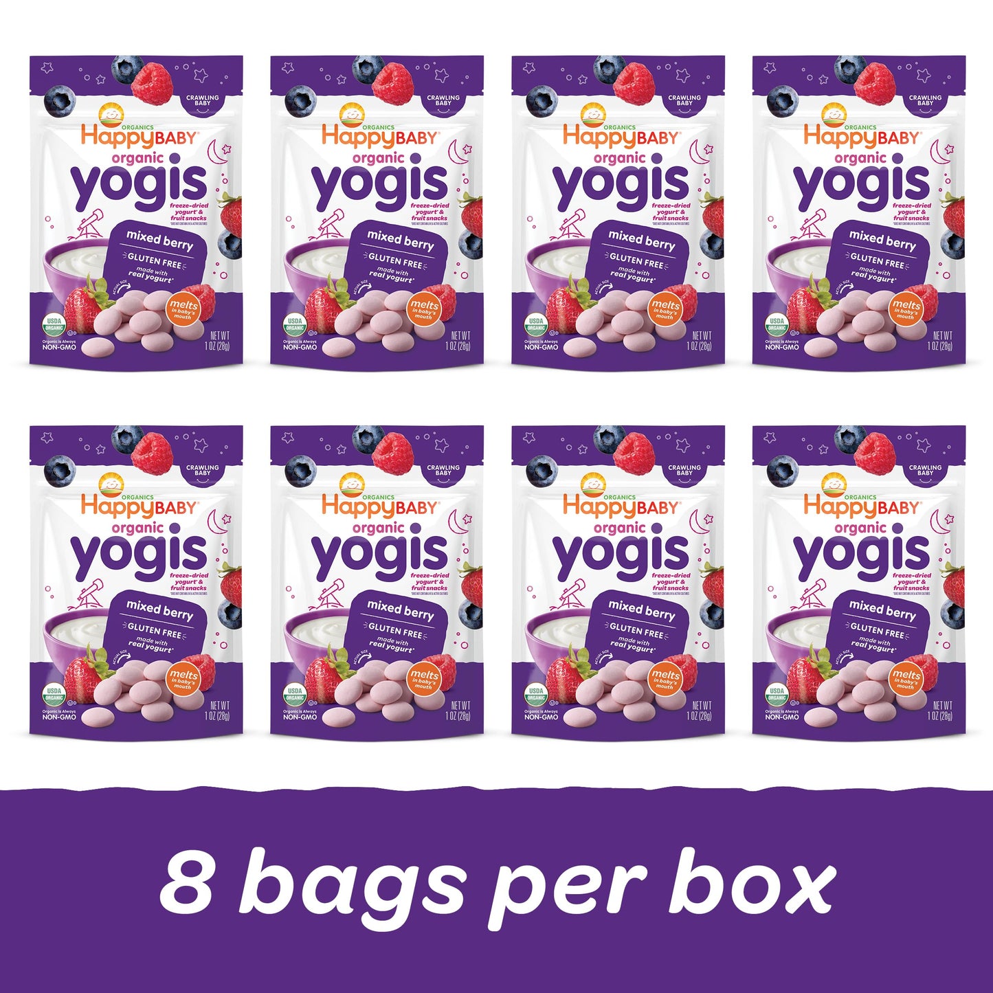 Happy Tot Organics Yogis Freeze-Dried Yogurt & Fruit Snacks, Mixed Berry, 1 Ounce (Pack Of 8) Packaging May Vary