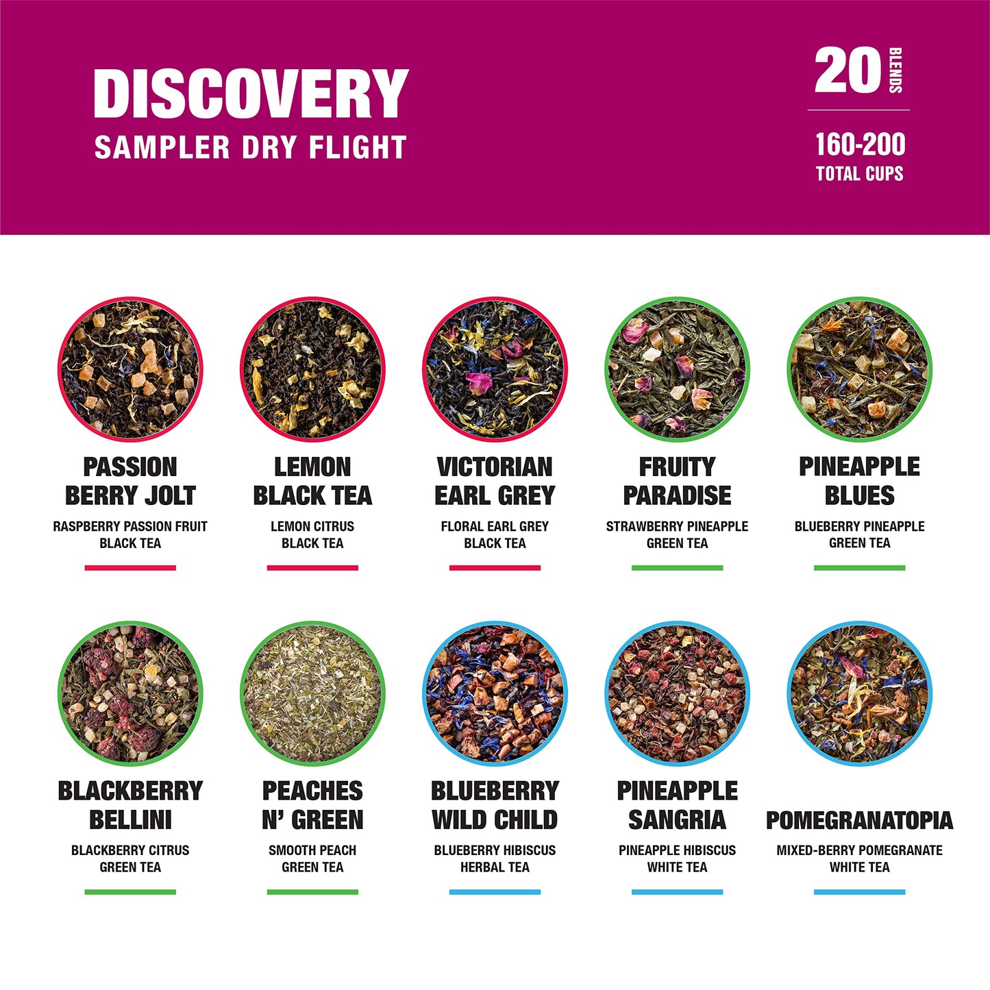 Tiesta Tea Discovery Tea Sampler Set, 20 Loose Leaf Blends, Hot & Iced Tea, 20 Pouches, Up to 200 Cups
