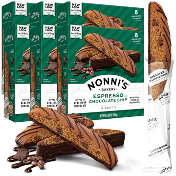 Nonnis Espresso Chocolate Chip Biscotti Cookies - 6 Boxes Espresso Coffee Cookies - Espresso Chocolate Chip Cookies w/Dark Choc