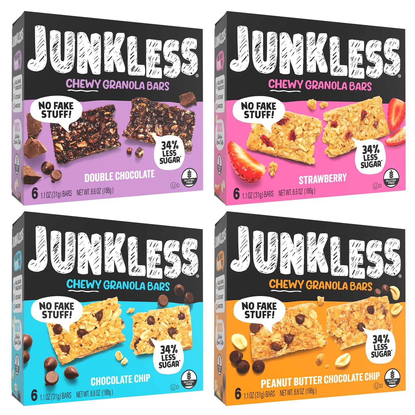 Junkless Chewy Granola Bar Variety Pack - Non-GMO, Gluten-Free, Less Sugar - 24 Bars - Chocolate Chip, Double Chocolate, Peanut Butter, Strawberry