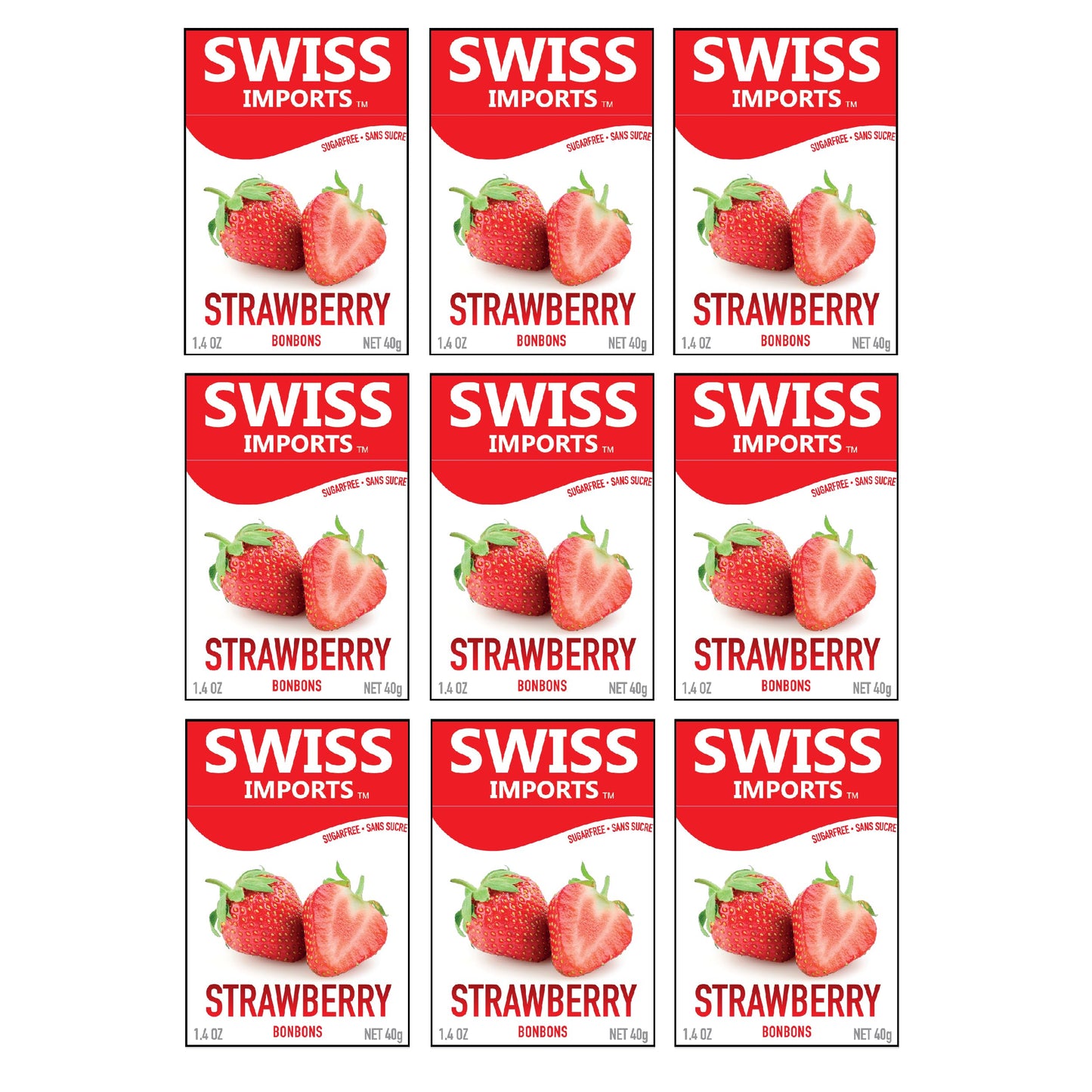 Swiss Imports Sugar Free Bonbons Hard Candy Drops, Strawberry, 1.4 Oz/40G Box, 9 Pack