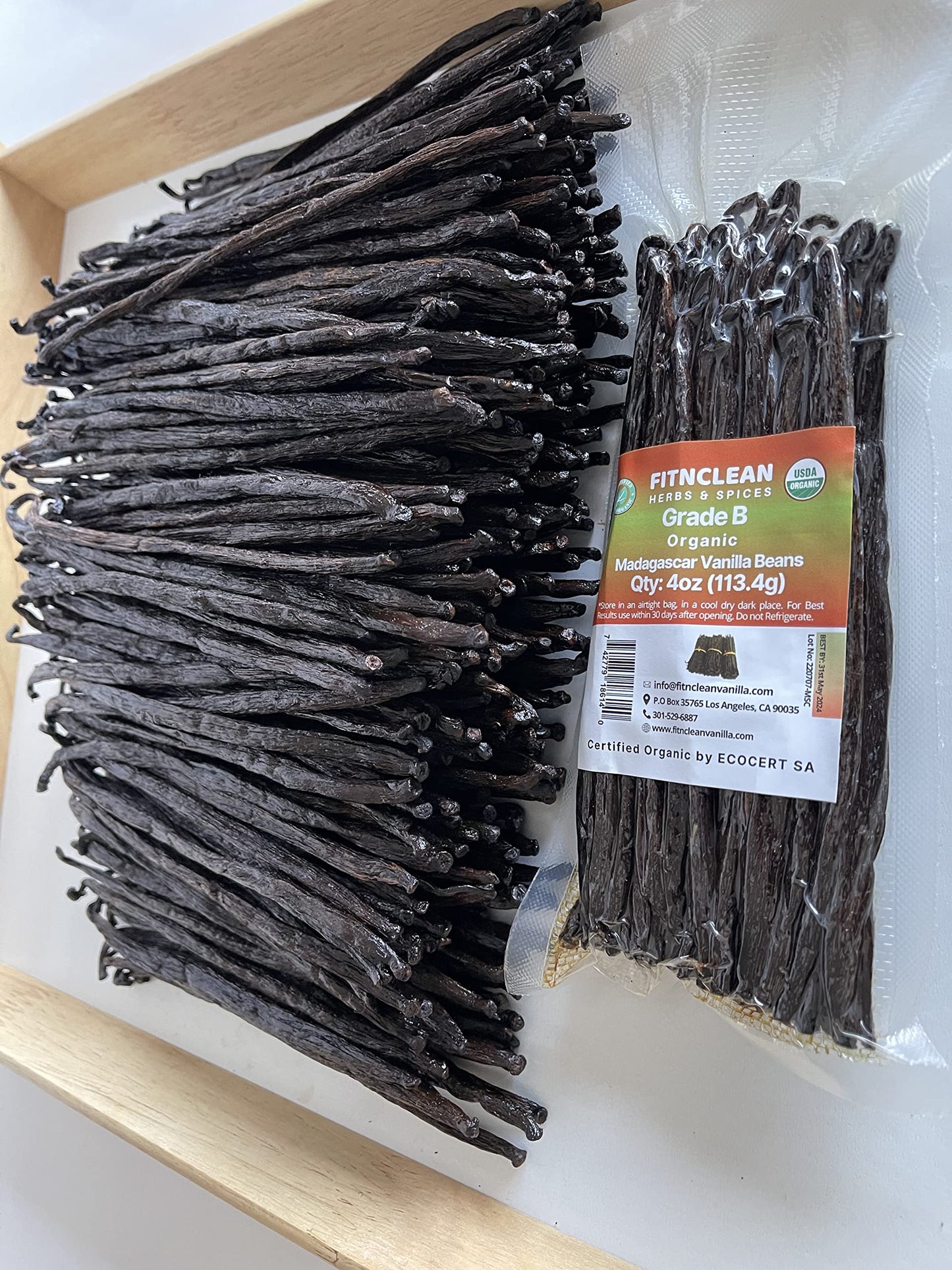 FITNCLEAN VANILLA 4oz Madagascar Organic Vanilla Beans B Grade - Certified USDA Organic, Non-GMO Pods for Cooking and Baking