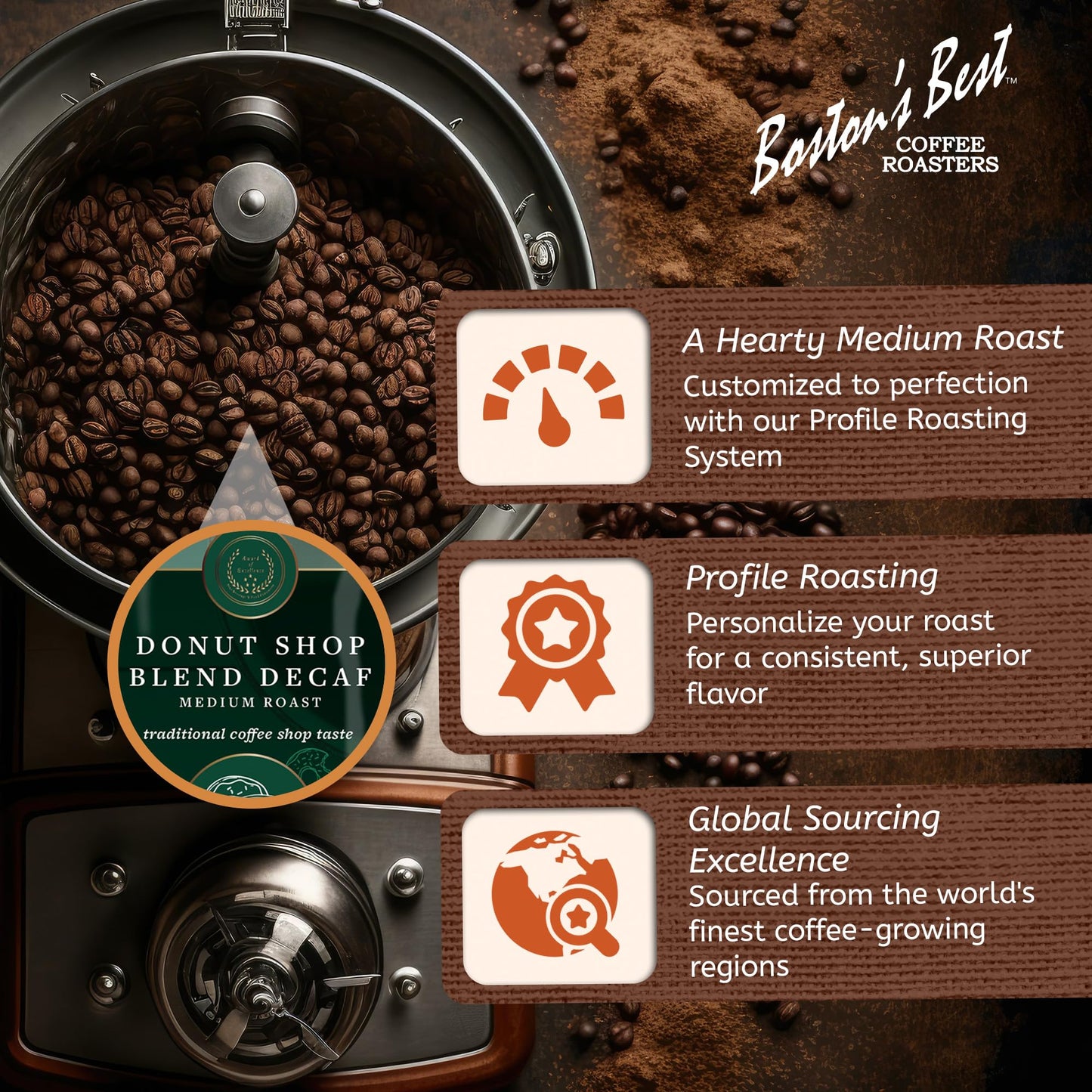 Bostons Best Coffee - Hearty Medium-Roast Donut Shop Decaf Gourmet Premium Ground Coffee, 11 Oz. / 311 G Bag