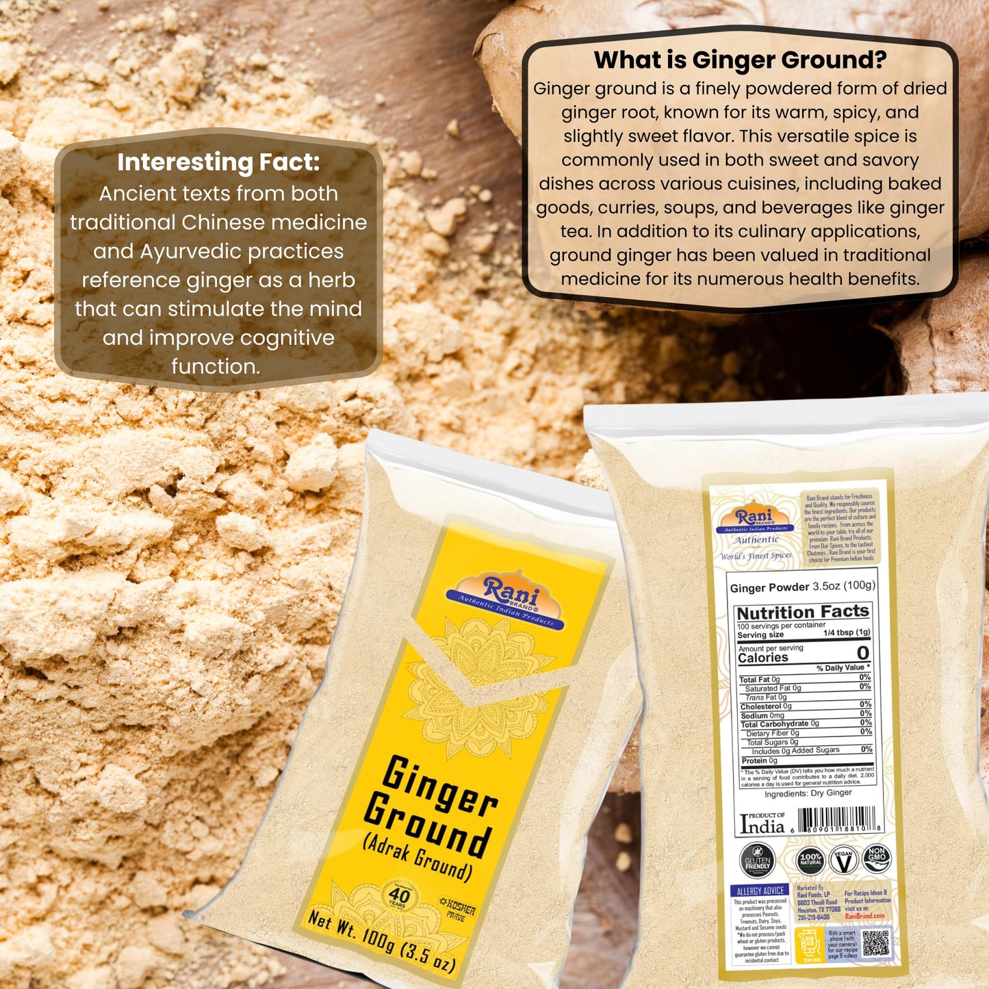 Rani Ginger (Adarak) Powder Ground, Spice 3.5Oz (100G) ~ All Natural | Vegan | Gluten Friendly | Non-Gmo | Kosher | Indian Origi