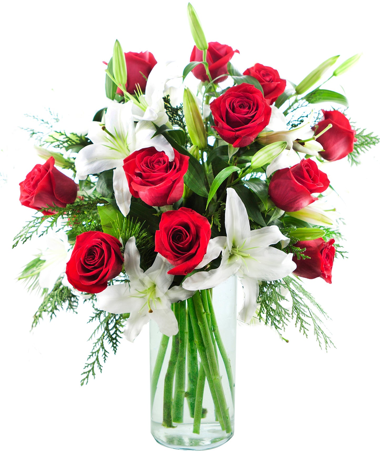 KaBloom - Festive Blossoms Medley Bouquet of Noel Lilies and Roses - Fresh Flowers for Birthday, Valentines & Mothers Day