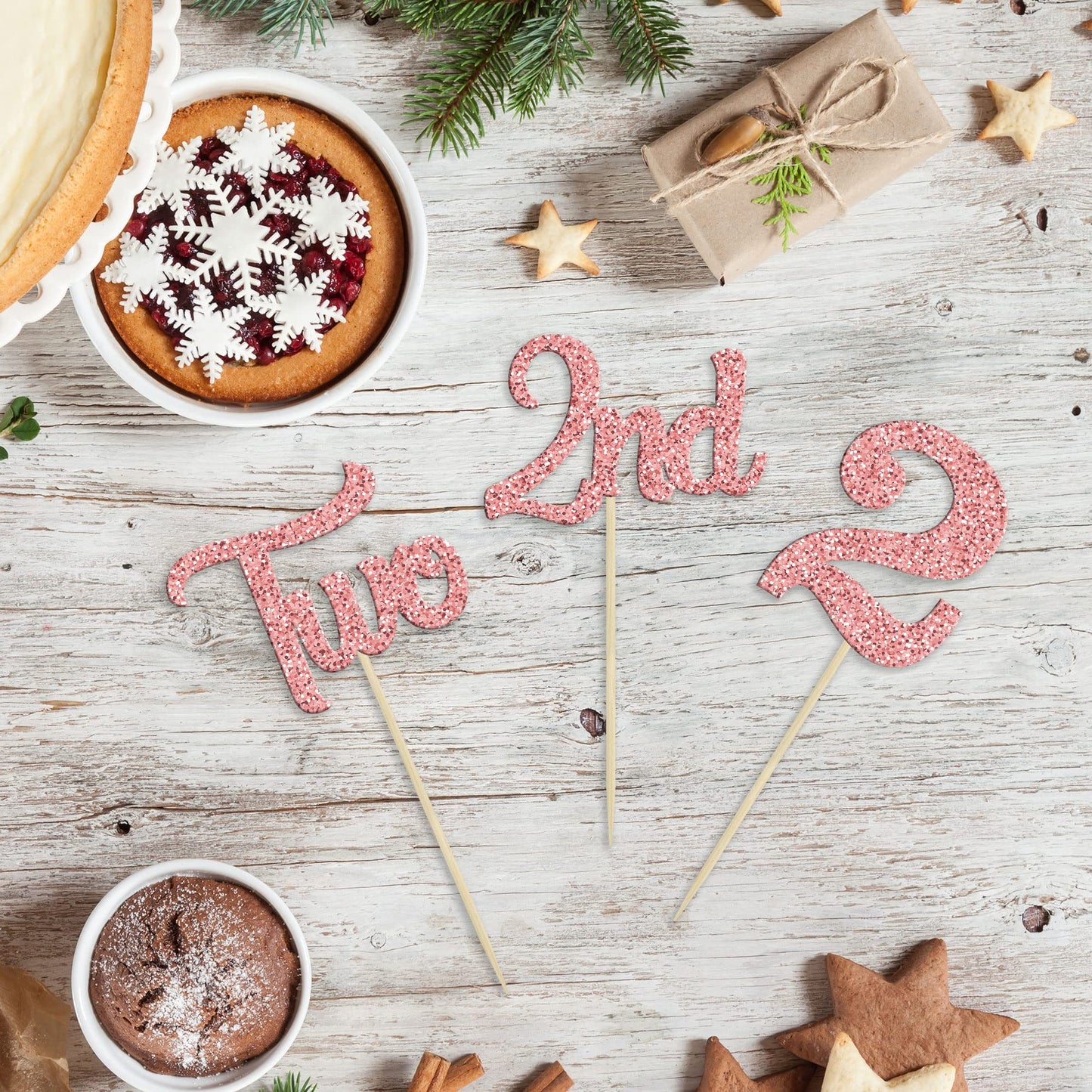 24Pcs Two Cupcake Toppers Glitter 2Nd Birthday Cupcake Picks For Baby Shower Second Birthday Party Cake Decorations Supplies Ros
