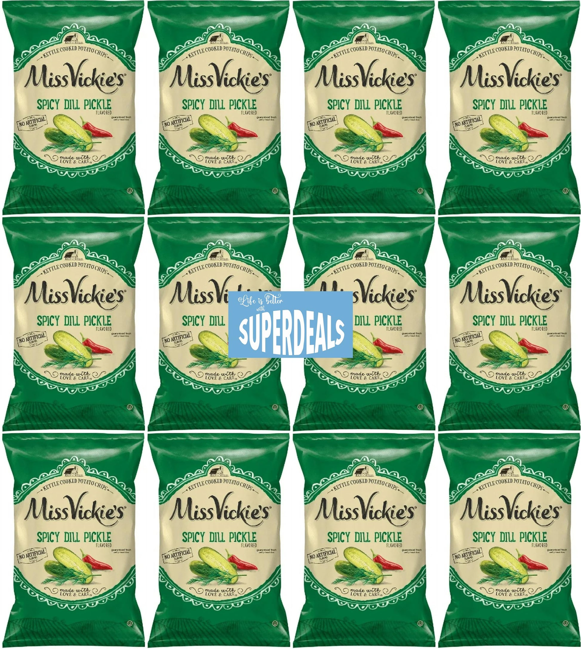 Kettle Cooked Potato Chips By Miss Vickie'S Value Pack Bundled By Superdeals | 1.375 Oz Bag | Spicy Dill Pickle | Pack Of 12 Wit