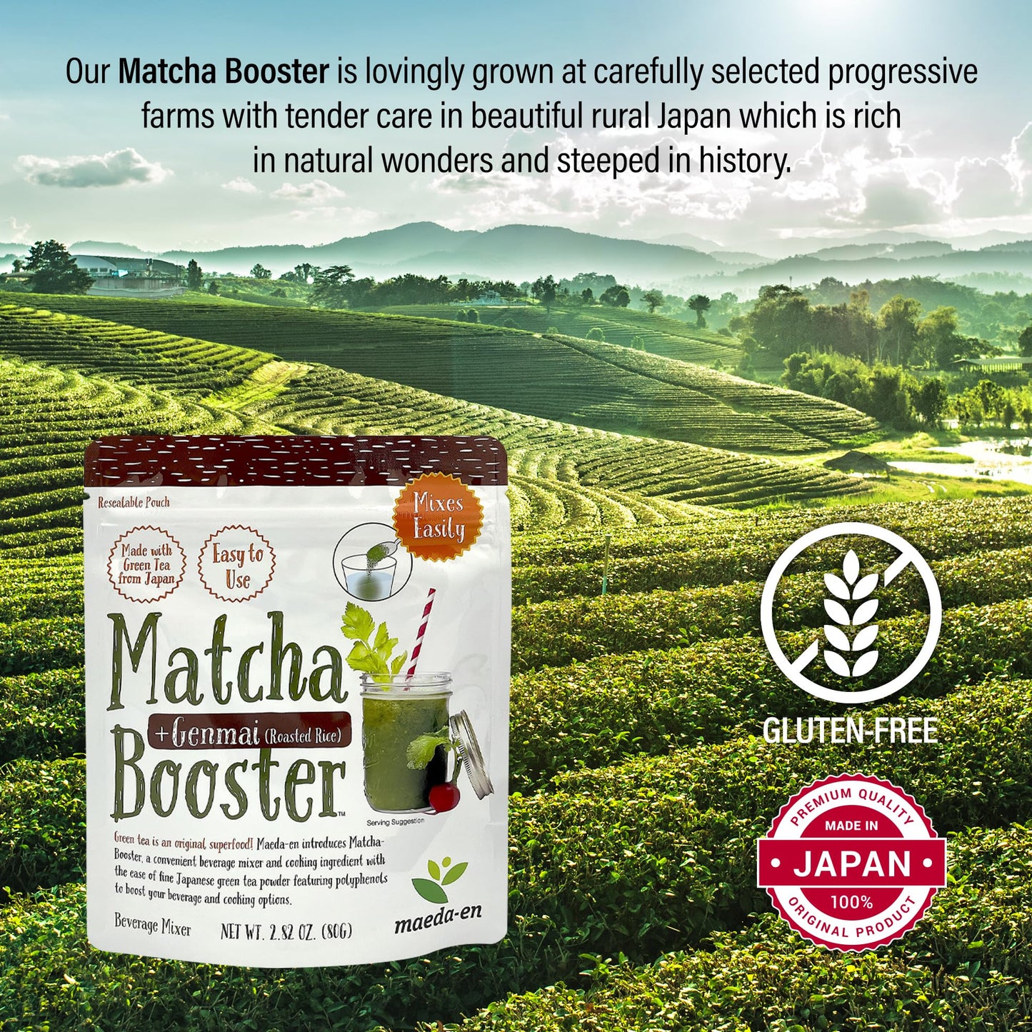 Maeda-En Matcha Booster Genmai Roasted Rice Green Tea Powder 80G Japanese Origin Resealable Pouch For Latte Smoothies And Baking