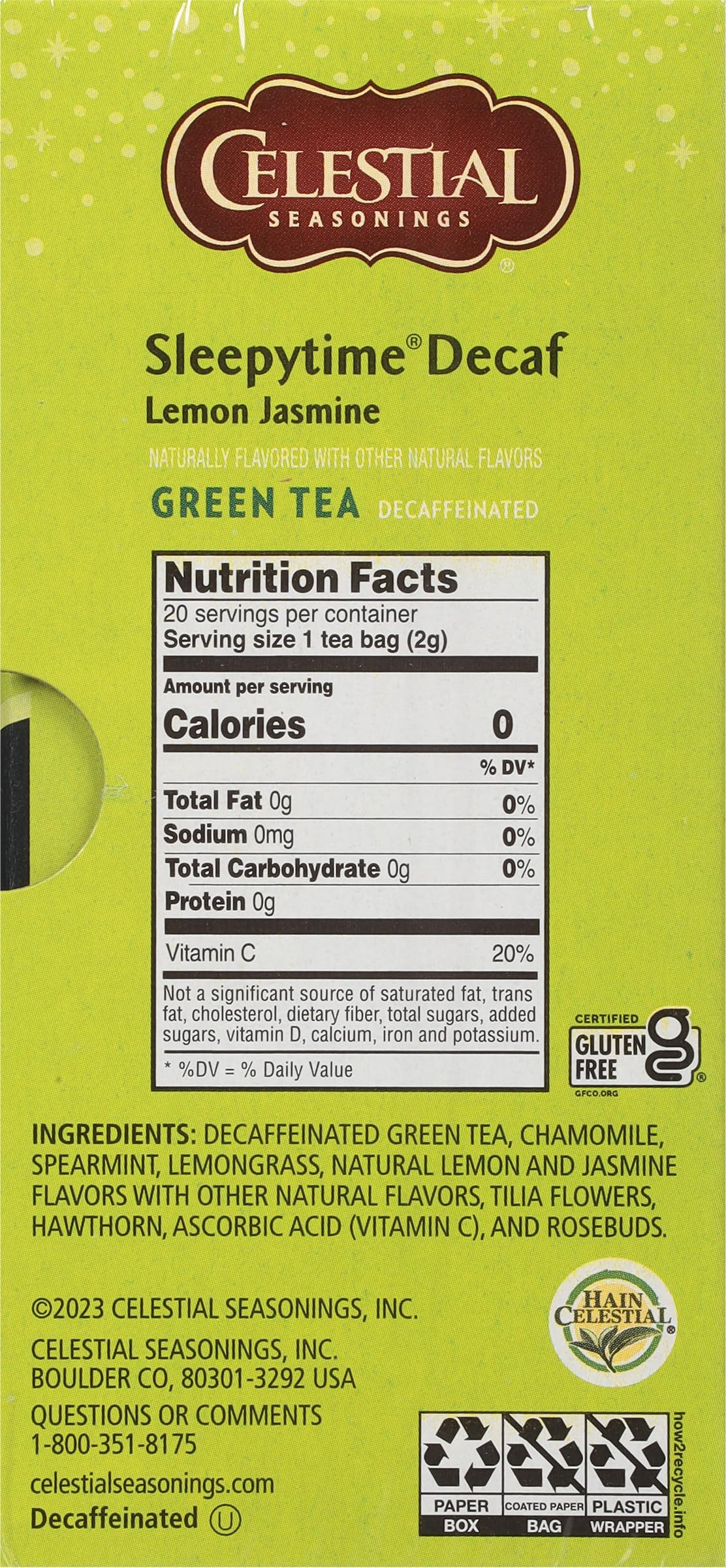 Celestial Seasonings Green Tea, Sleepytime Decaf Lemon Jasmine, Decaffeinated Sleep Tea, 20 Tea Bags (Pack Of 6) (Packaging May Vary)