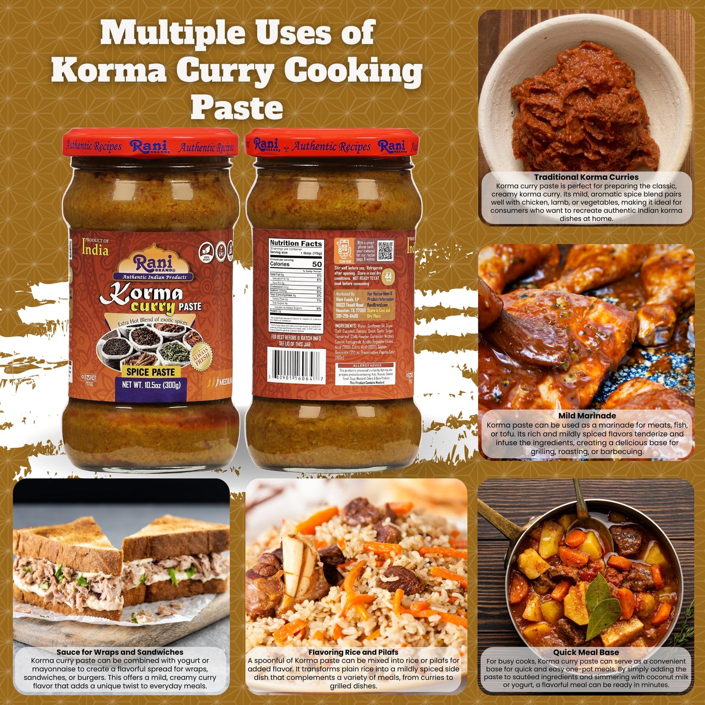 Rani Korma Curry Cooking Spice Paste 10O.5Z (300G) Glass Jar ~ No Colors | All Natural | Non-Gmo | Kosher | Vegan | Gluten Free