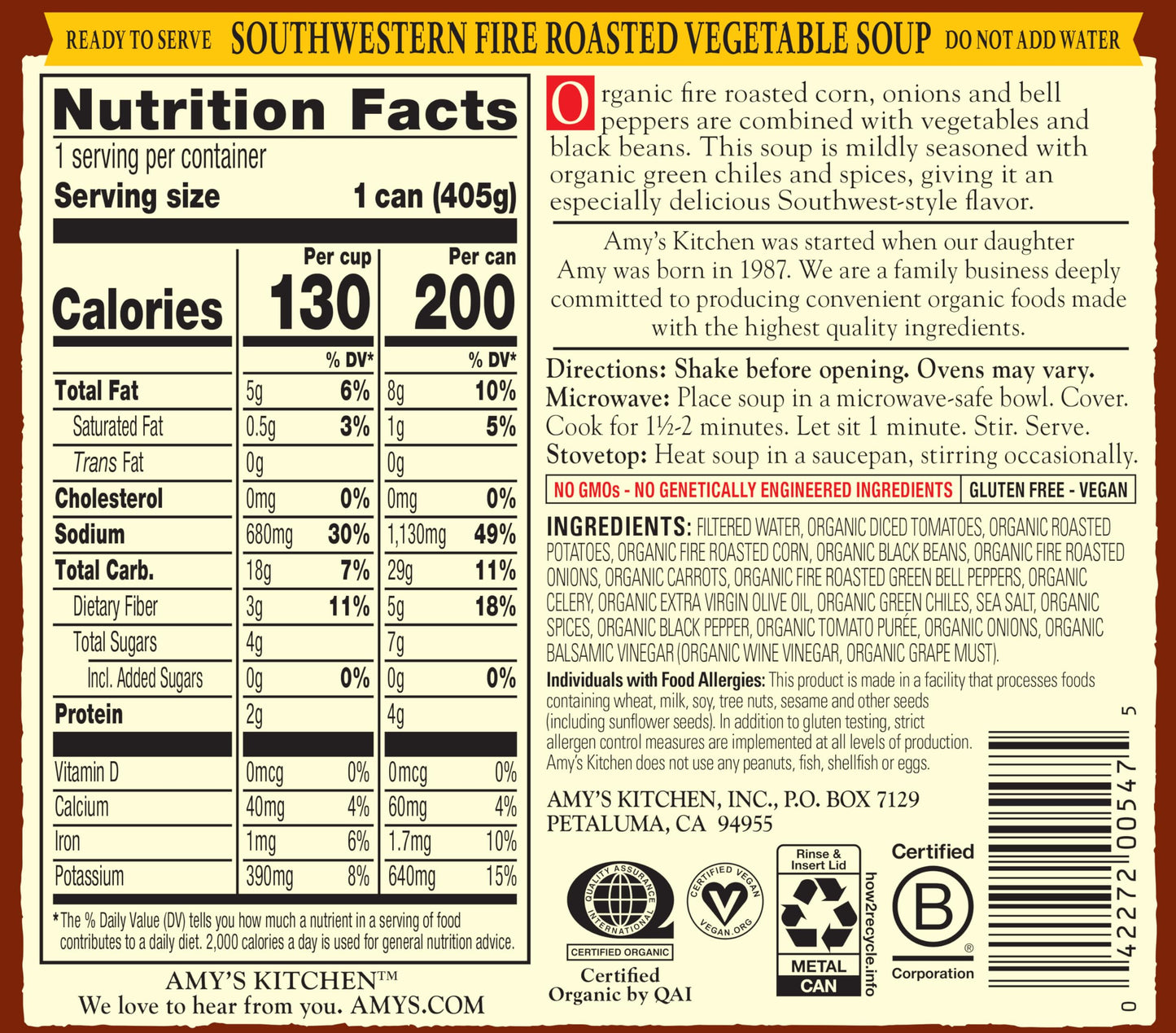 Amys Soup, Vegan Fire Roasted Southwestern Vegetable Soup With Organic Black Beans, Gluten Free, Canned, 14.3 Oz (6 Pack)