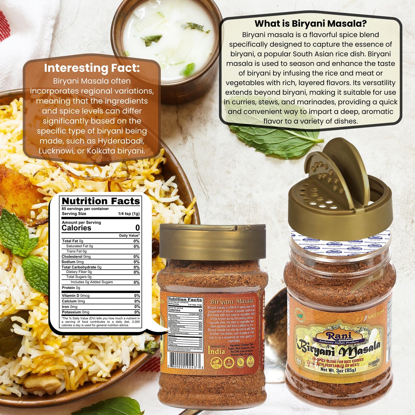 Rani Biryani Masala Curry 7-Spice Blend, All Natural, Vegan, Gluten Friendly, 3oz PET Jar