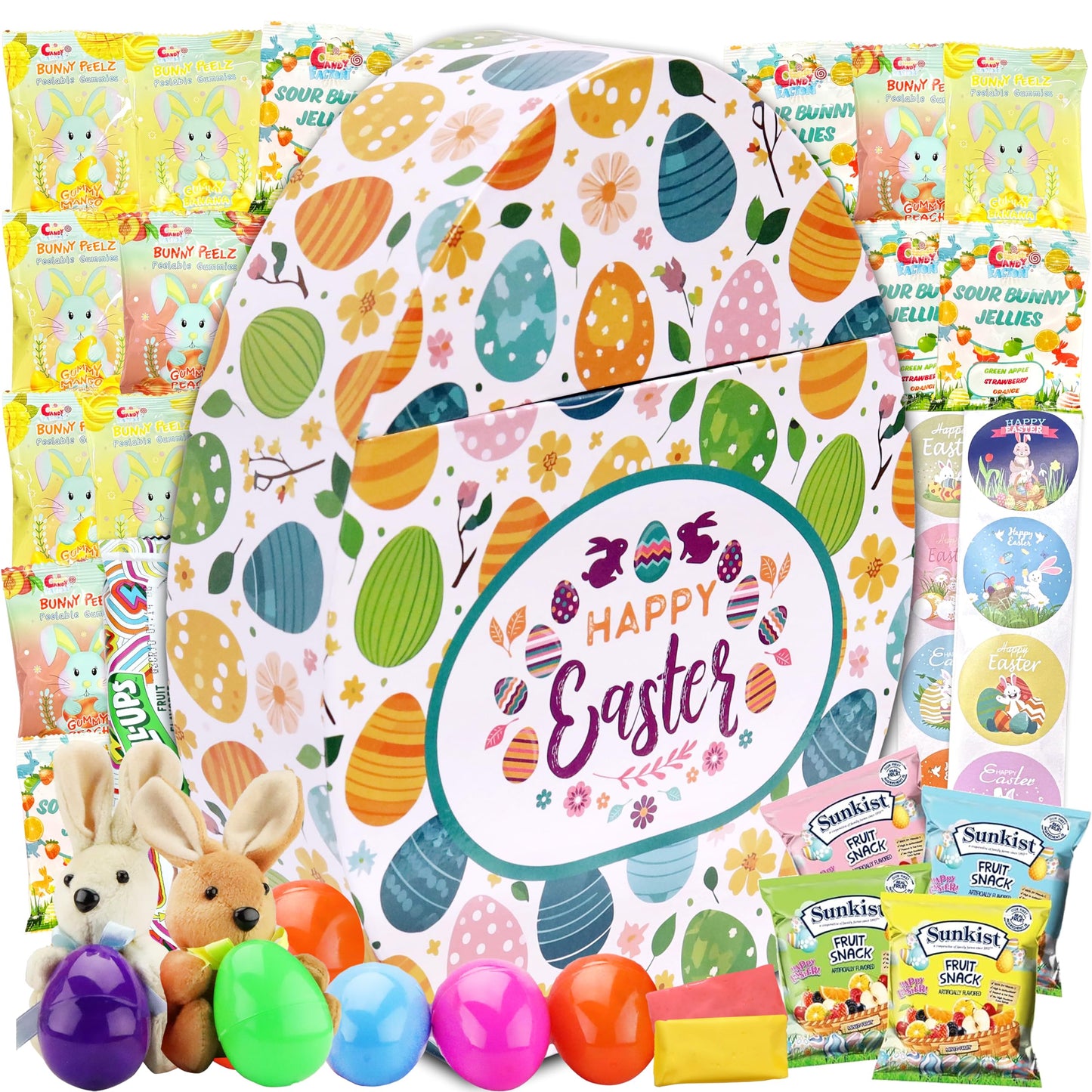 Easter Snack Egg Shape Box (38 Count) Filled with Candy, Peelable Gummies, Treats and Bunny, Great Package for Family, Friends, 