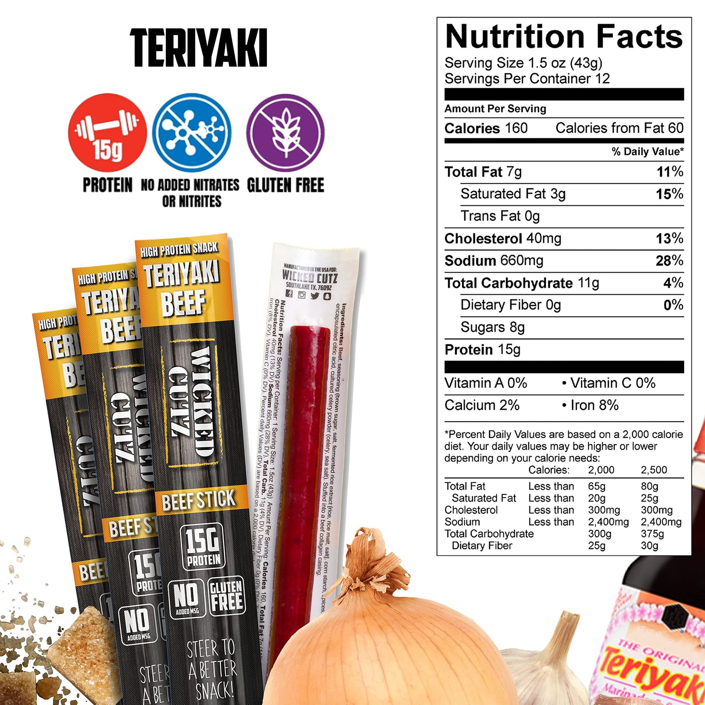 Teriyaki Beef Sticks | Tender, Flavorful, Extra Large Beef Jerky Sticks With 15G Of Protein Per Meat Stick, Gluten Free, High Pr