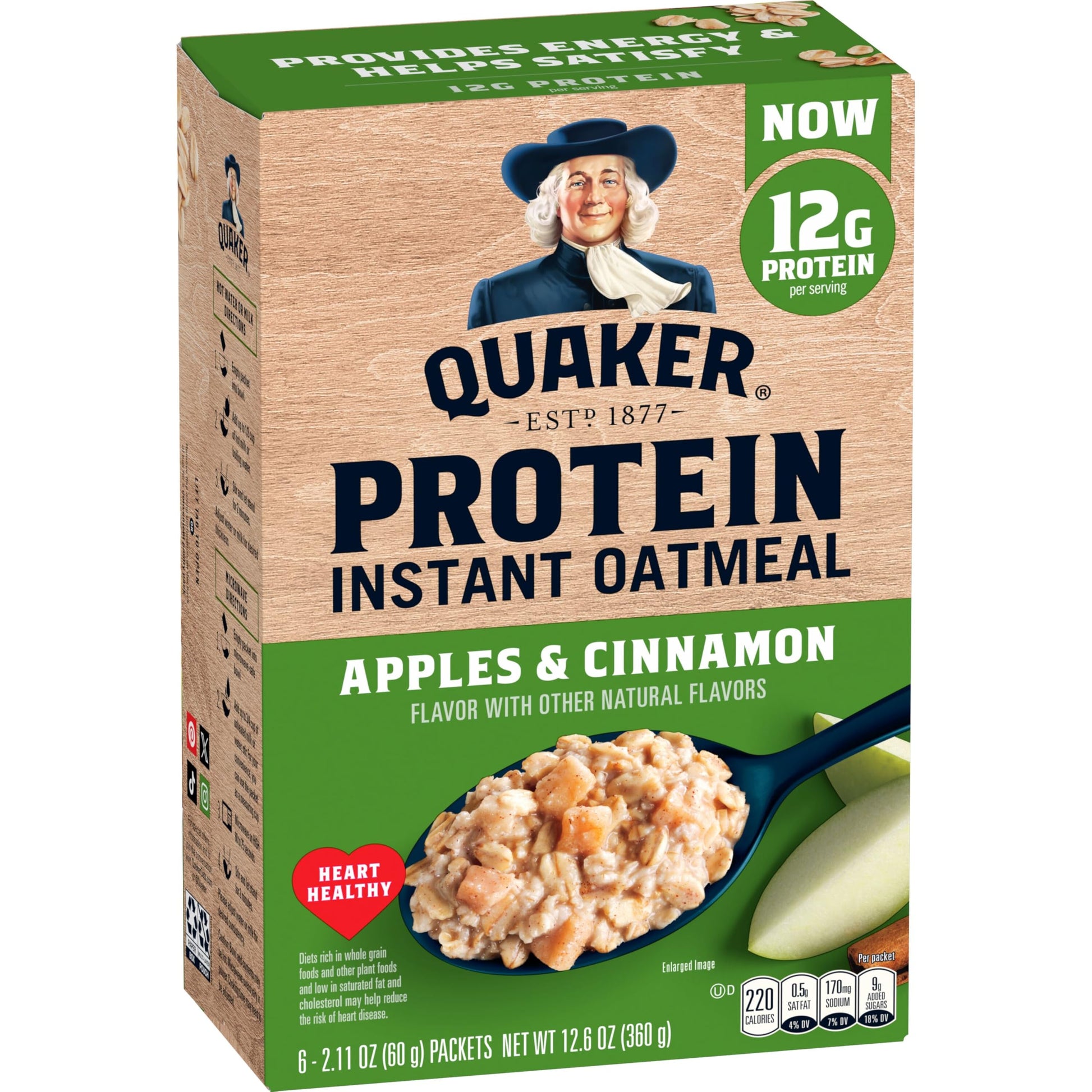 Quaker Instant Oatmeal, Protein Apple Cinnamon, 6 Count