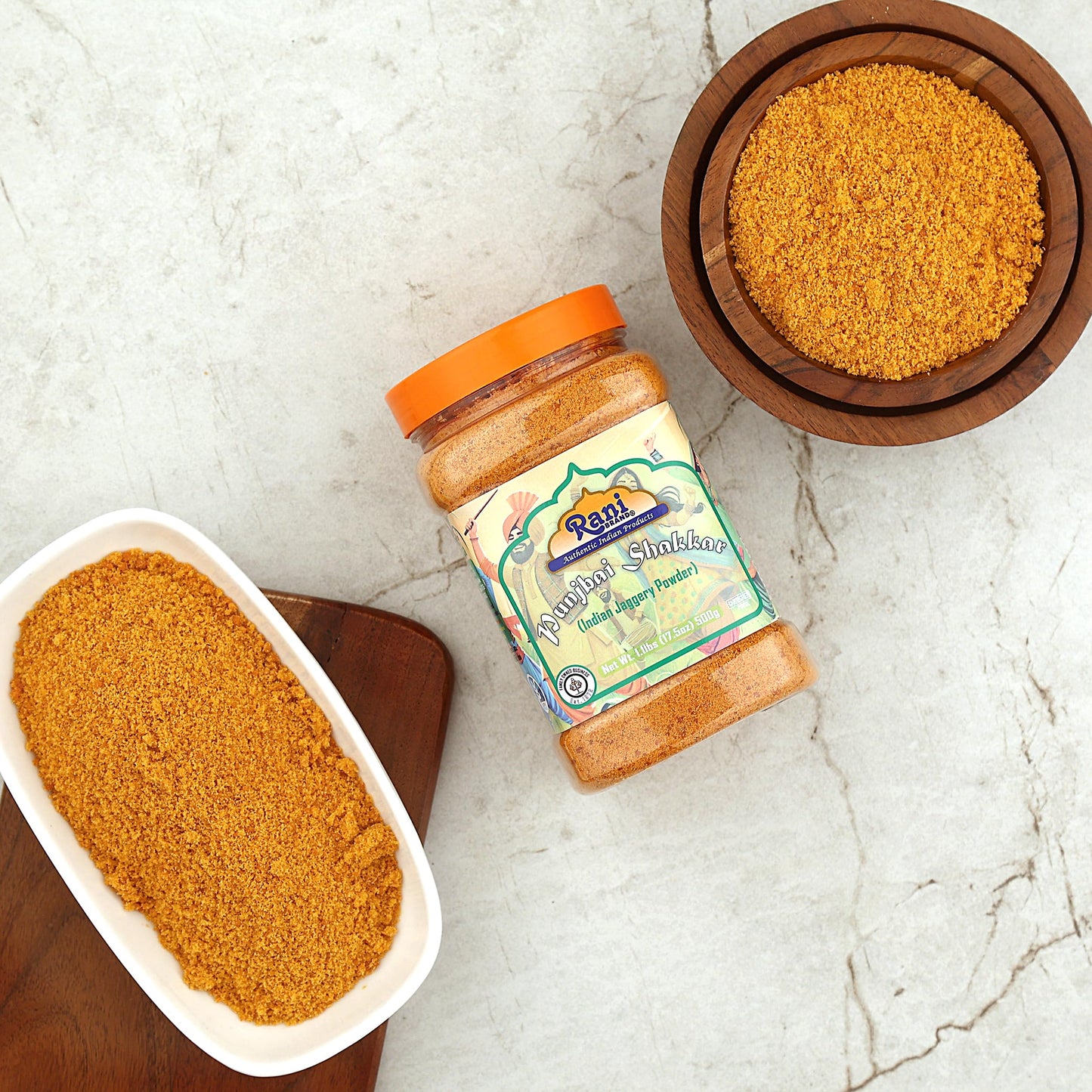 Rani Punjabi Shakkar (Gur Jaggery Powder) Indian Unrefined Raw Cane Sugar 17.5oz (1.1lbs) 500g PET Jar ~ Gluten Friendly | Vegan