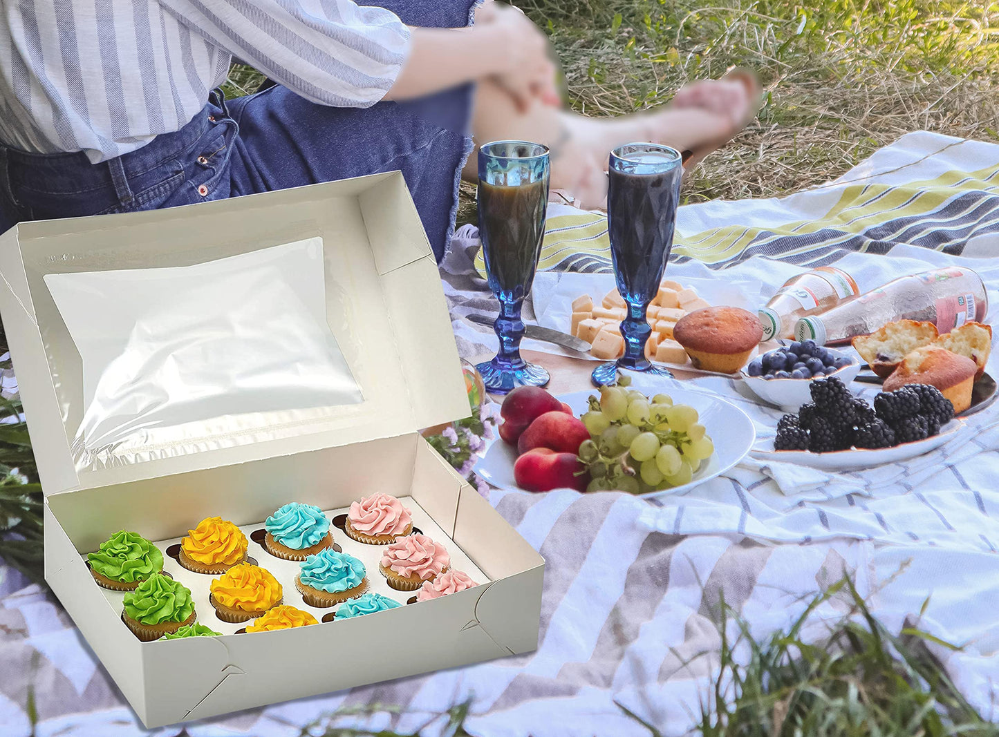 12 Pcs Window Cupcake Boxes [Made In Usa] White Bakery Cupcake Boxes With Inserts- 14'' X 10'' X 4'' Fits 12 Standard Size Cupca