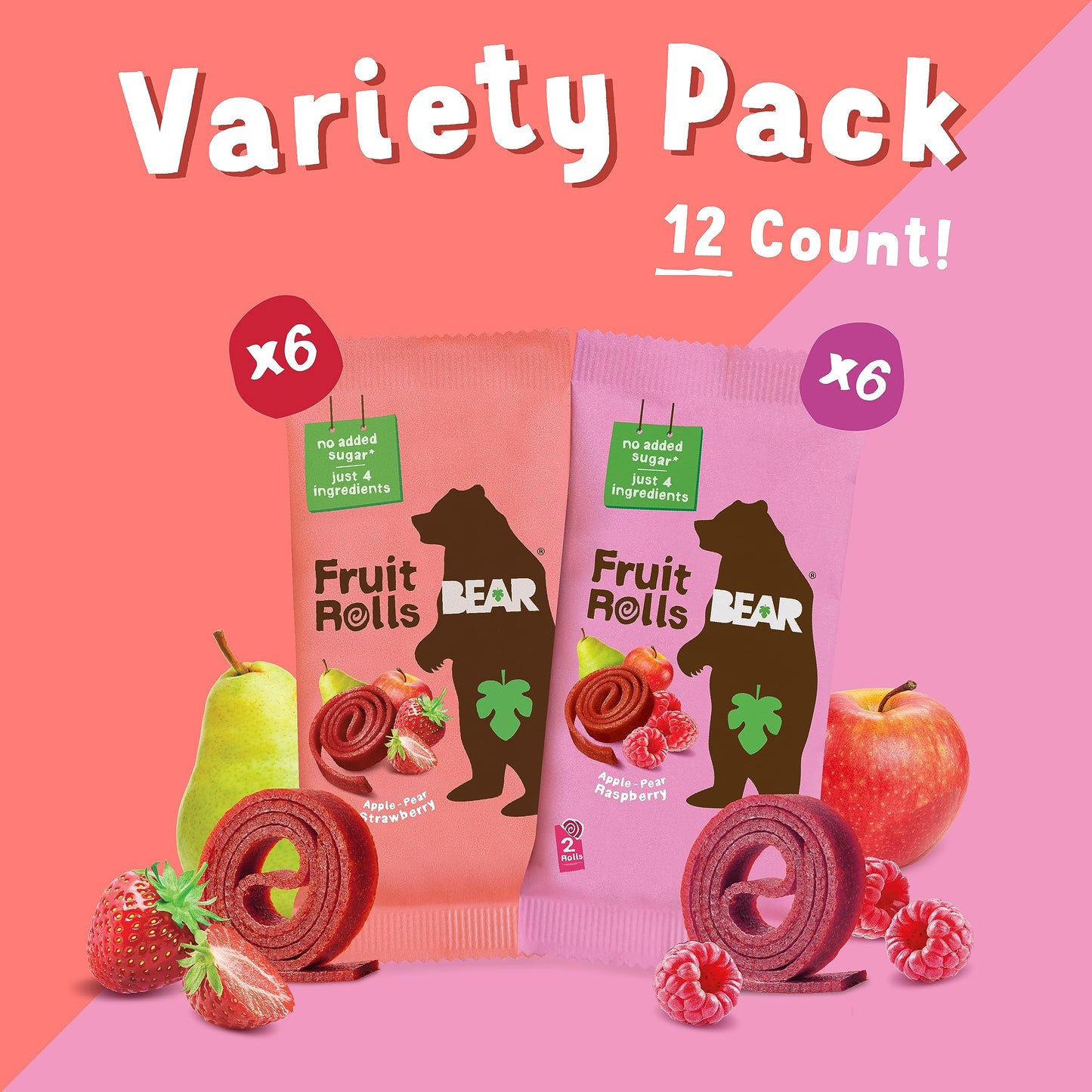Bear Yoyo Fruit Rolls Variety Pack, Apple-Pear Strawberry, Apple-Pear Raspberry, No Added Sugar, Vegan Friendly, Kosher, Gluten