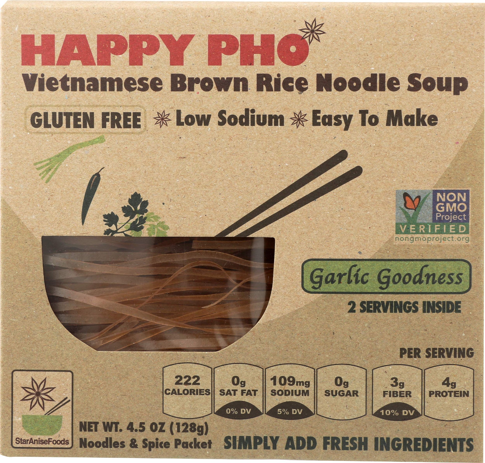 Happy Pho Vietnamese Brown Rice Noodle Soup, Garlic Goodness, 4.5 Oz