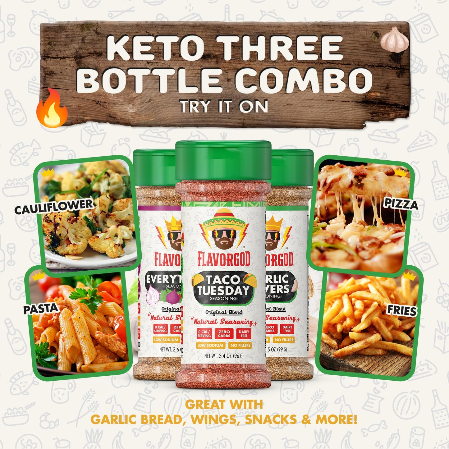 Flavor God Keto Spice Set, Combo Pack of 3 (Everything, Garlic Lovers, Taco Tuesday) Herb, Spice, Vegetable Seasoning Gift, Natu