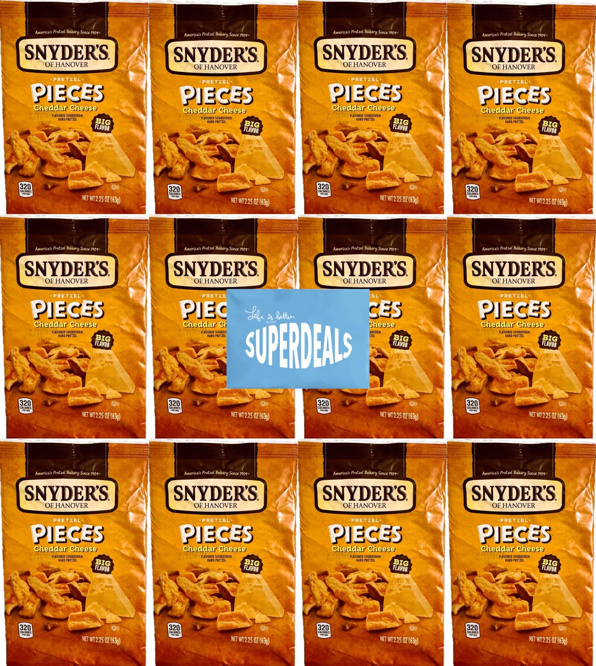 SUPERDEALS Snyders of Hanover Cheddar Cheese Pretzel Pieces, 2.25 oz Pack of 12 with Mystery Gift