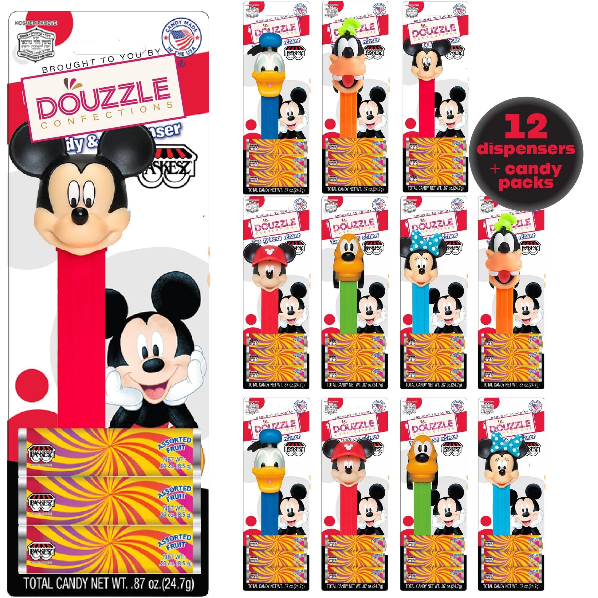 DOUzzle Kosher Pez Candy & Disney Mickey Mouse & Friends Dispenser + 36 Assorted Fruit Refills (Pack of 12) Gluten Free, Kosher 