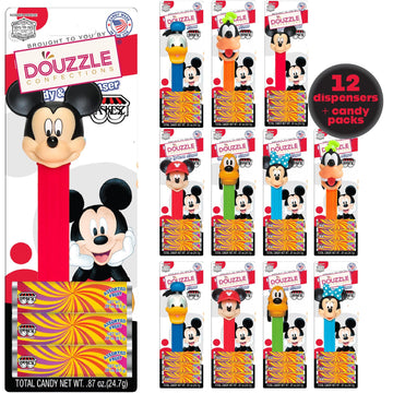 DOUzzle Kosher Pez Candy & Disney Mickey Mouse & Friends Dispenser + 36 Assorted Fruit Refills (Pack of 12) Gluten Free, Kosher 