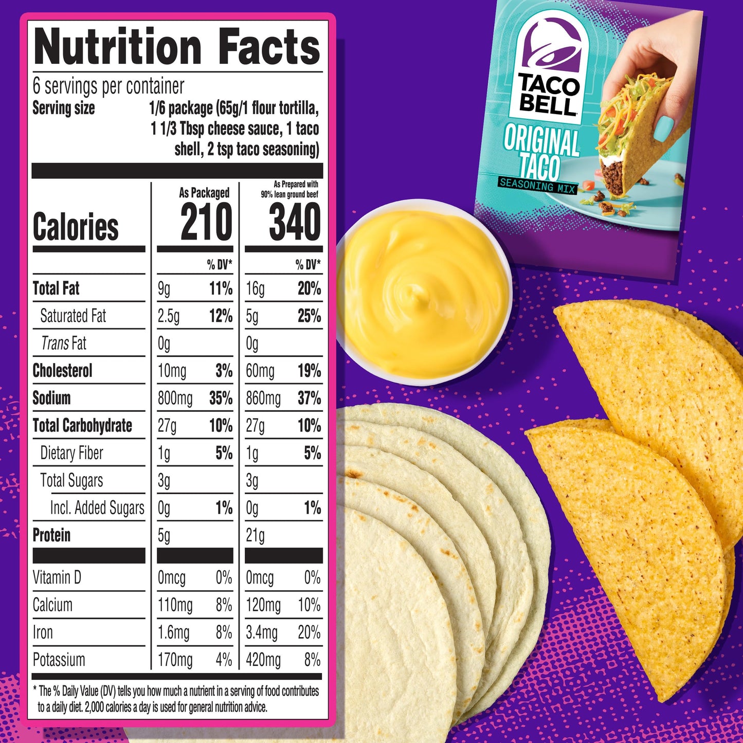 Taco Bell Cheesy Double Decker Taco Dinner Kit with 6 Soft Tortillas, 6 Crunchy Taco Shells, Velveeta Cheese Sauce & Seasoning,