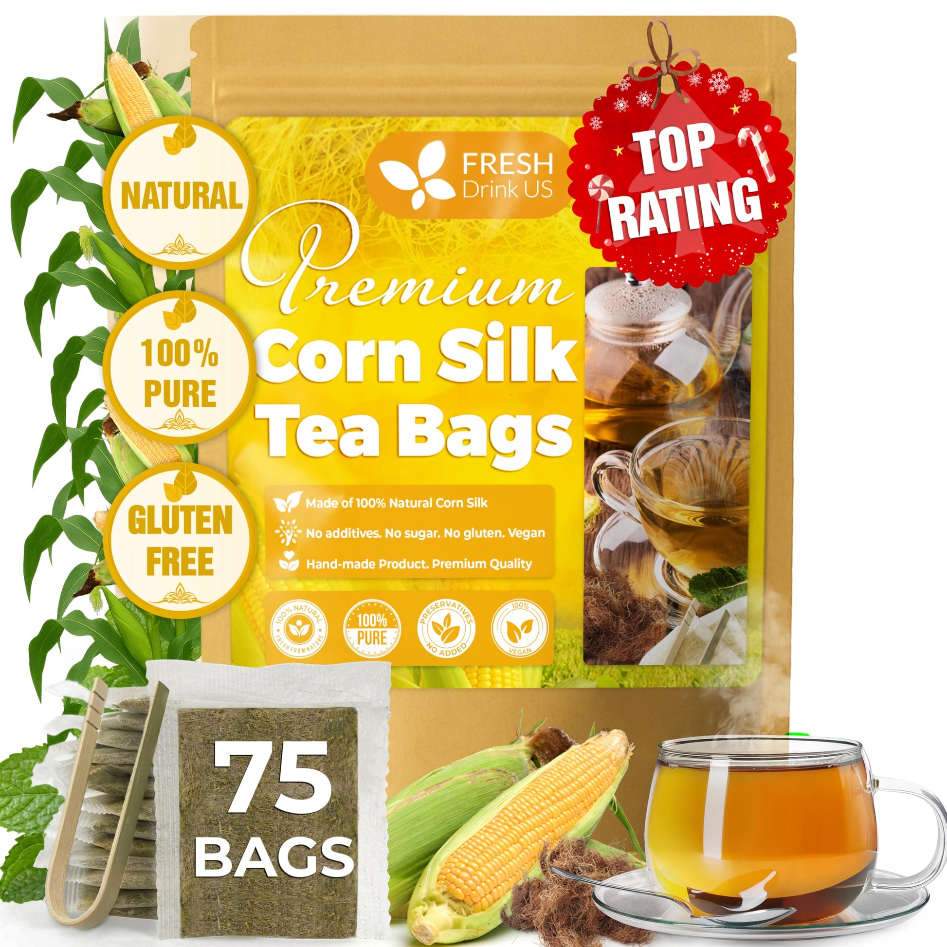 Freshdrinkus  Top-Grade 75 Tea Bags Corn Silk Tea  100% Natural & Pure From Corn Silk. Herbal Tea. Clean Ingredients. Made With Natural Material Tea Bags. No Sugar  No Energy Blend  Vegan.