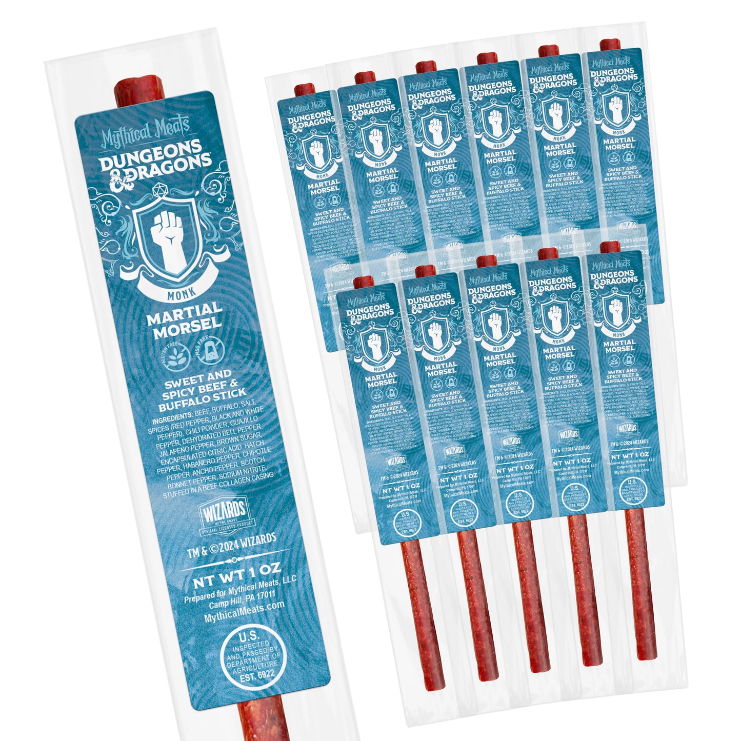 Mythical Meats Dungeons & Dragons Martial Morsel (Monk) - 12 Jerky Sticks - Sweet and Spicy Beef & Buffalo Stick, Gluten Free, M