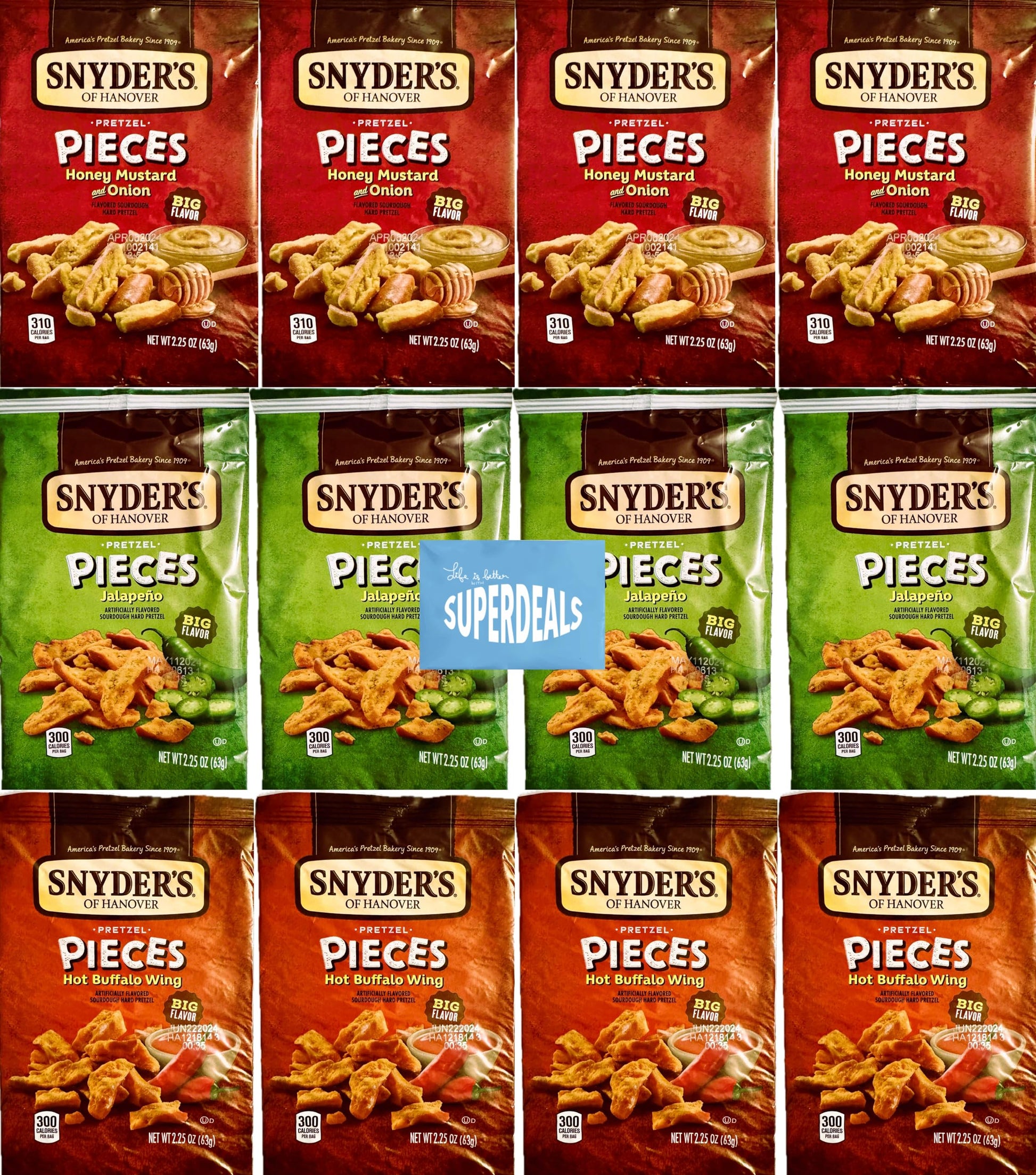 SUPERDEALS Snyders of Hanover Pretzel Pieces Variety Pack, 12 Bags, 2.25 Oz Each, Includes Honey Mustard, Jalapeno, Hot Buffalo Wing